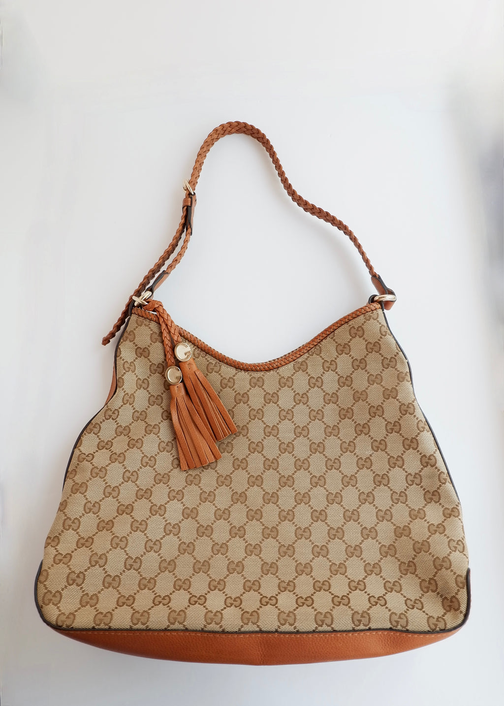 Preowned Gucci Brown GG Canvas Leather Tassel Shoulder Bag