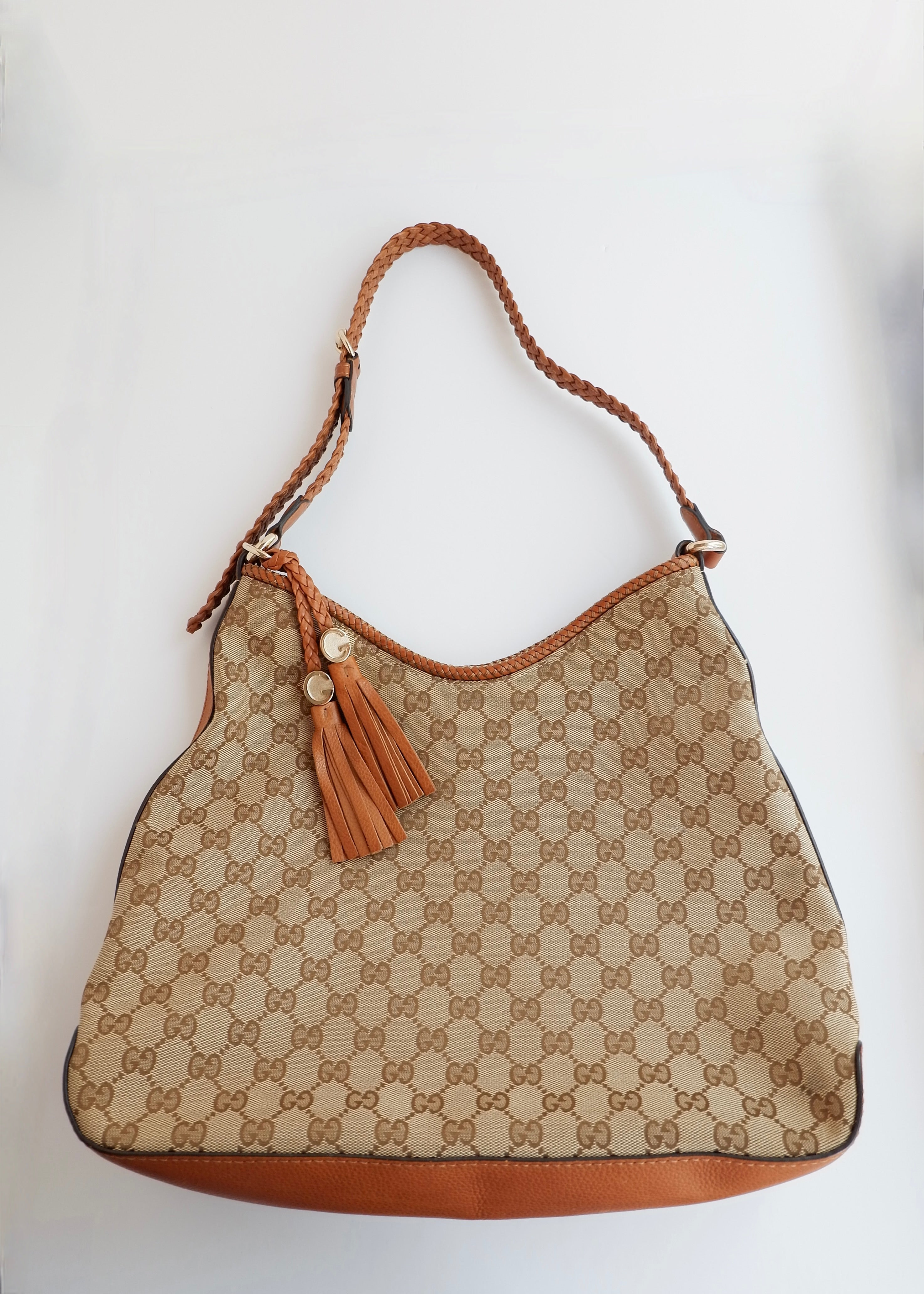 Preowned Gucci Brown GG Canvas Leather Tassel Shoulder Bag