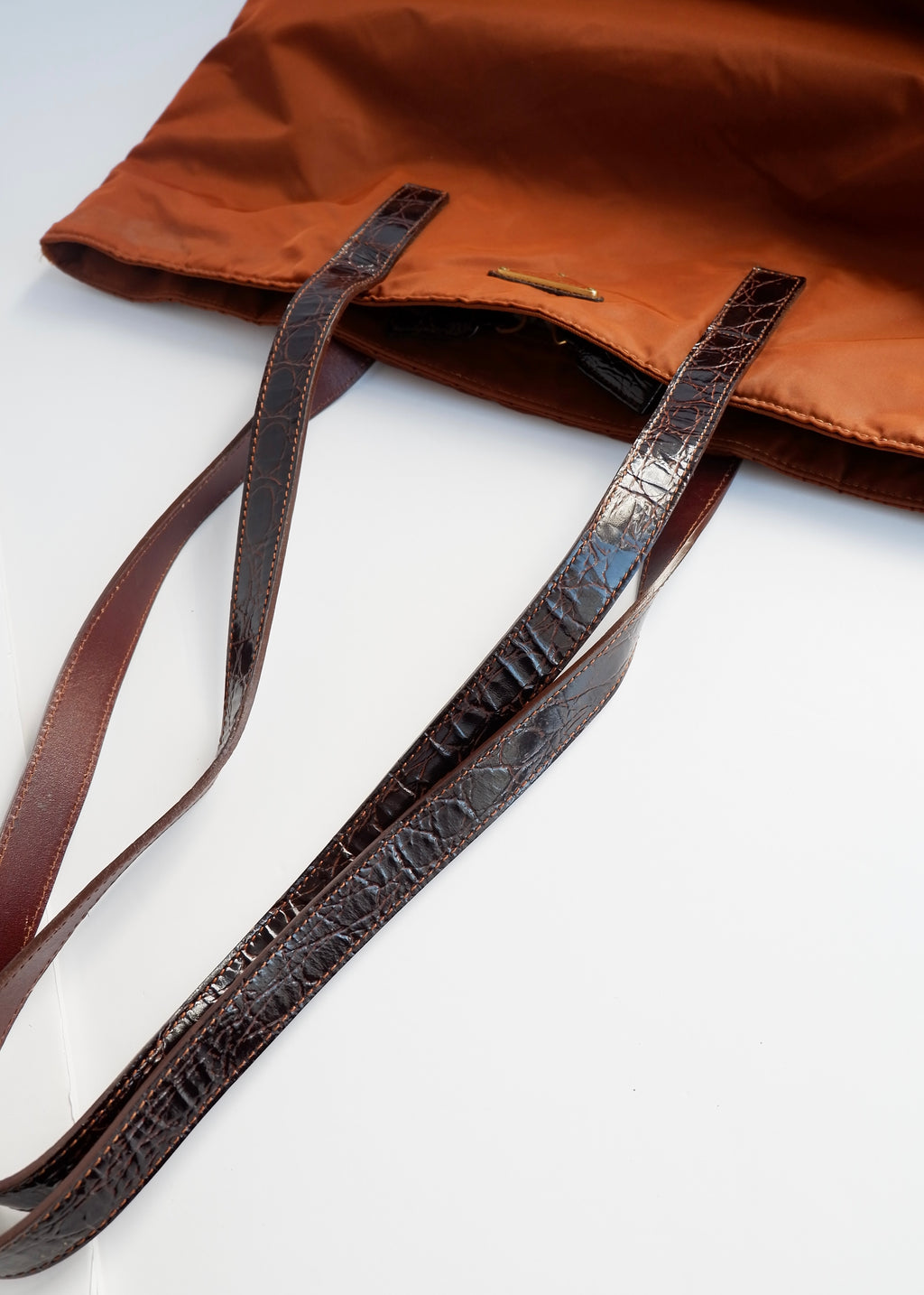 Preowned Prada Brown Nylon/ Patent Croc Long Strap Tote Bag