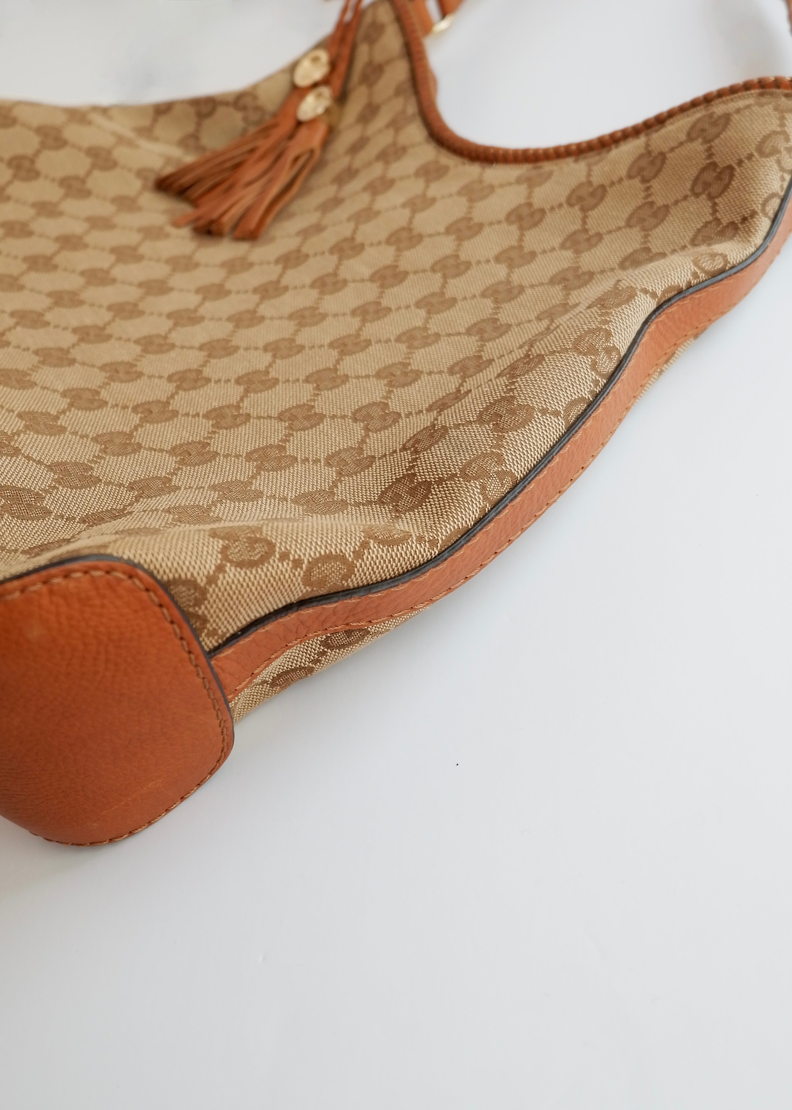 Preowned Gucci Brown GG Canvas Leather Tassel Shoulder Bag