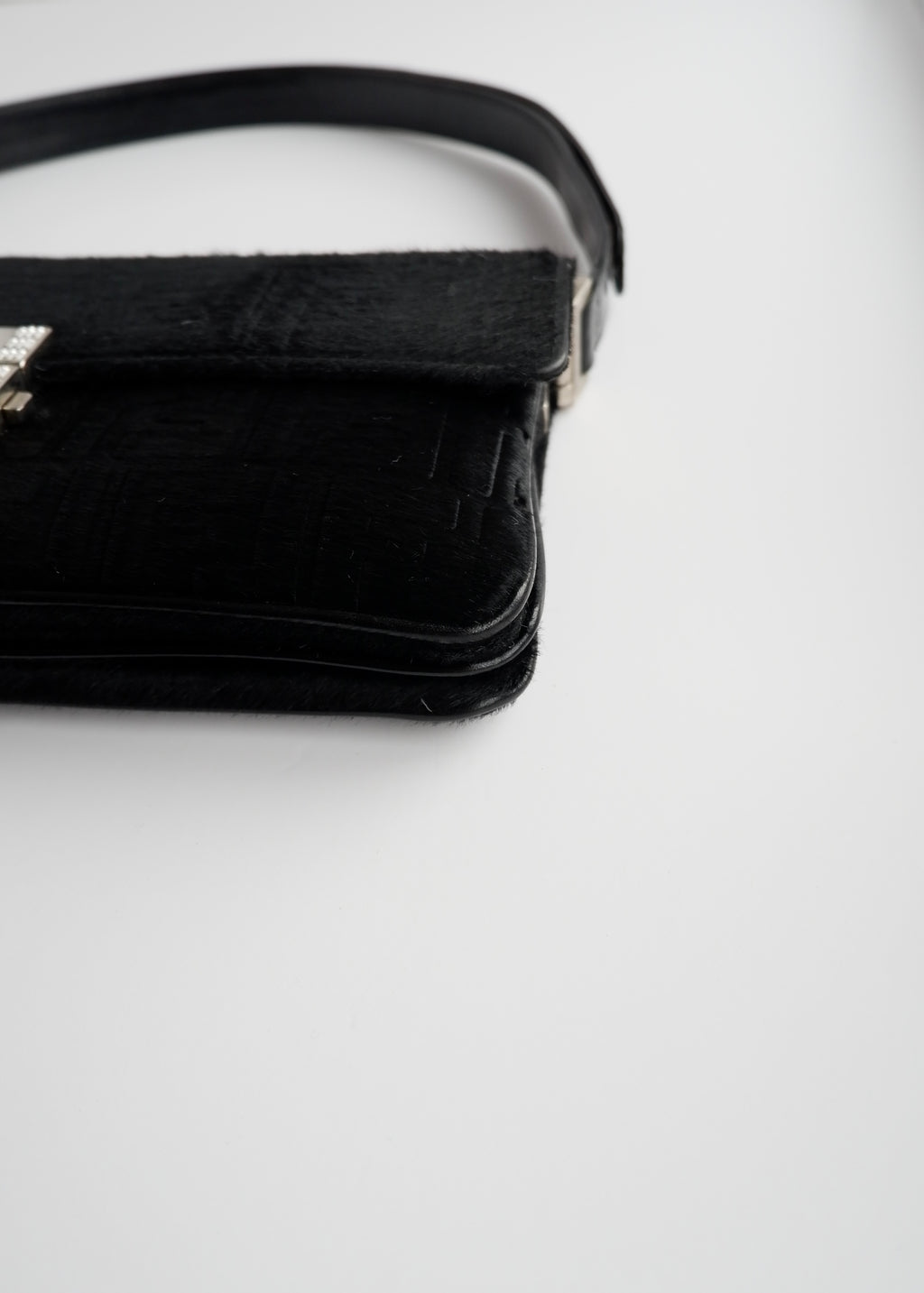 Authentic Preowned Rare Vintage Fendi Black Zucca Pony Hair/ Crystal Logo Shoulder Bag