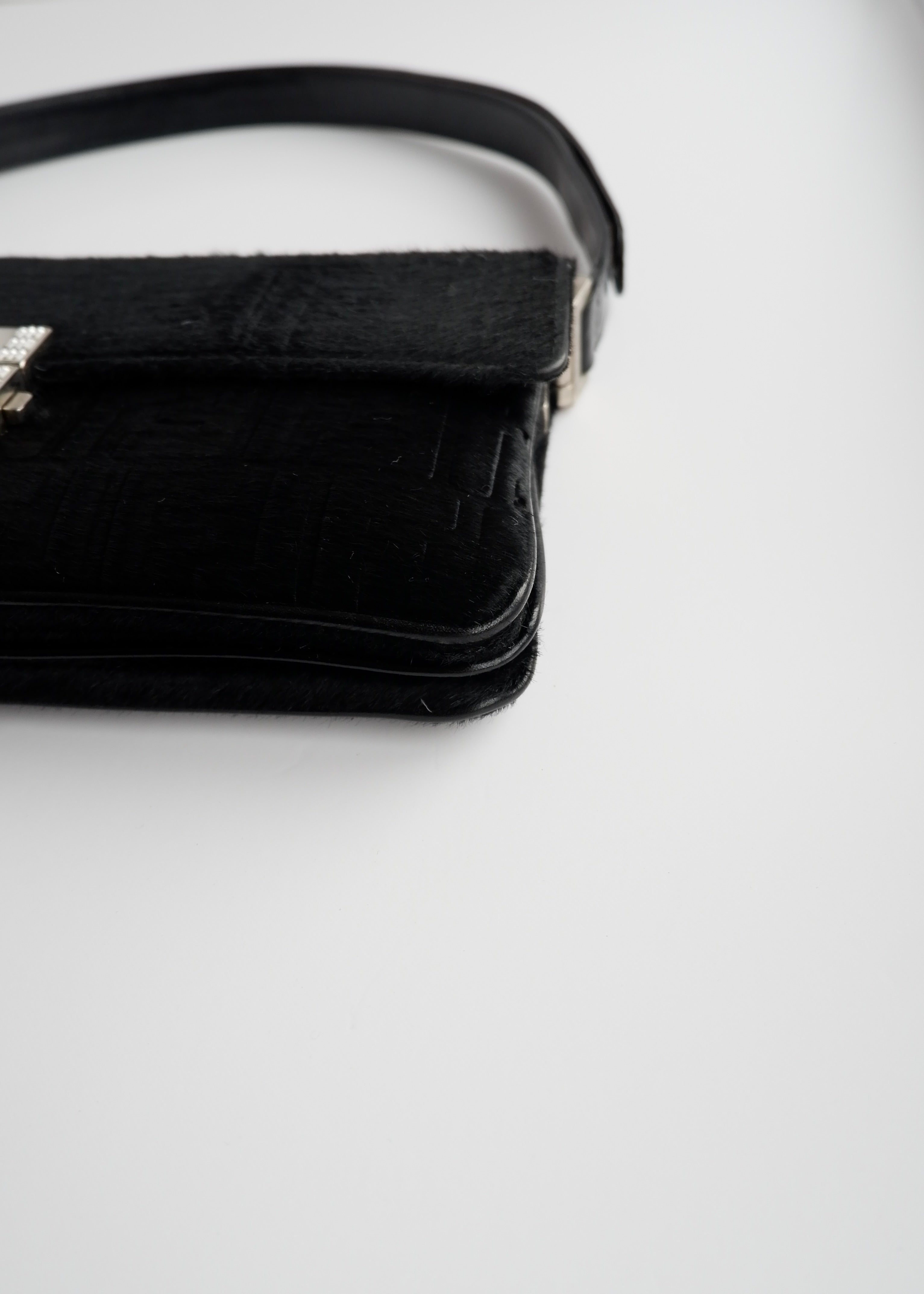 Authentic Preowned Rare Vintage Fendi Black Zucca Pony Hair/ Crystal Logo Shoulder Bag