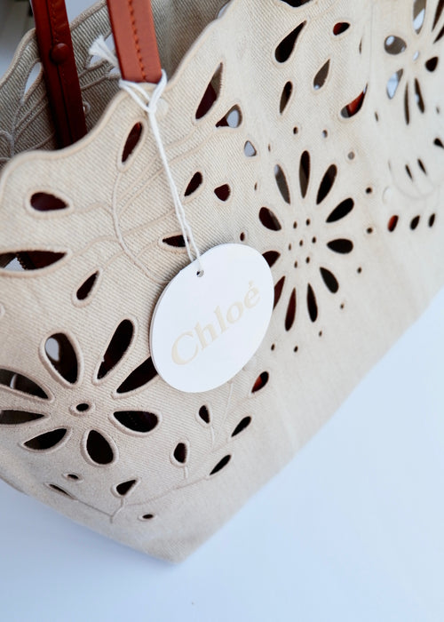 Sac cabas grand modèle Chloe Kamilla authentique d'occasion en lin et cuir de veau beiges