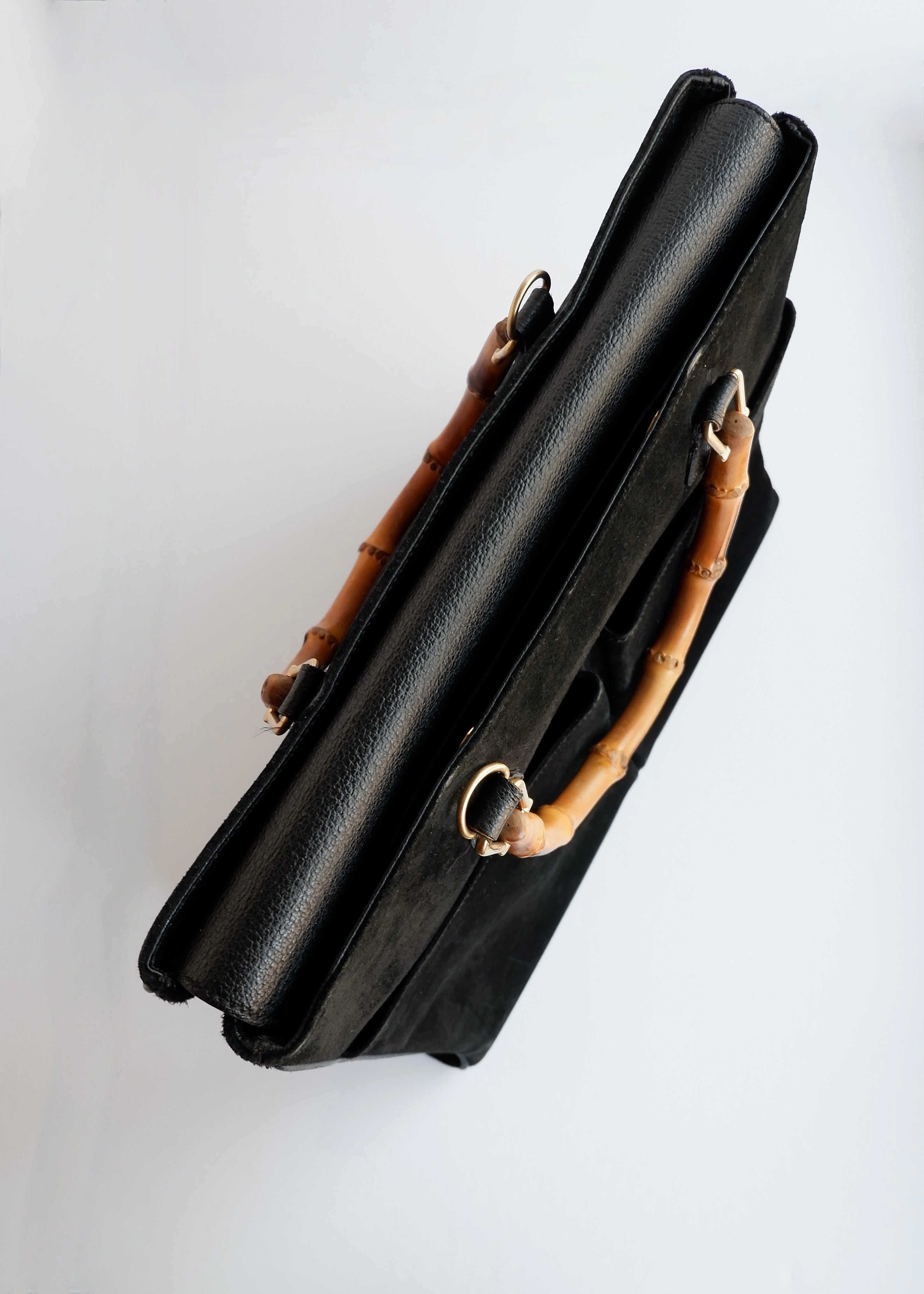 Authentic Preowned Vintage Gucci Black Suede/Leather Bamboo Two Way Tote