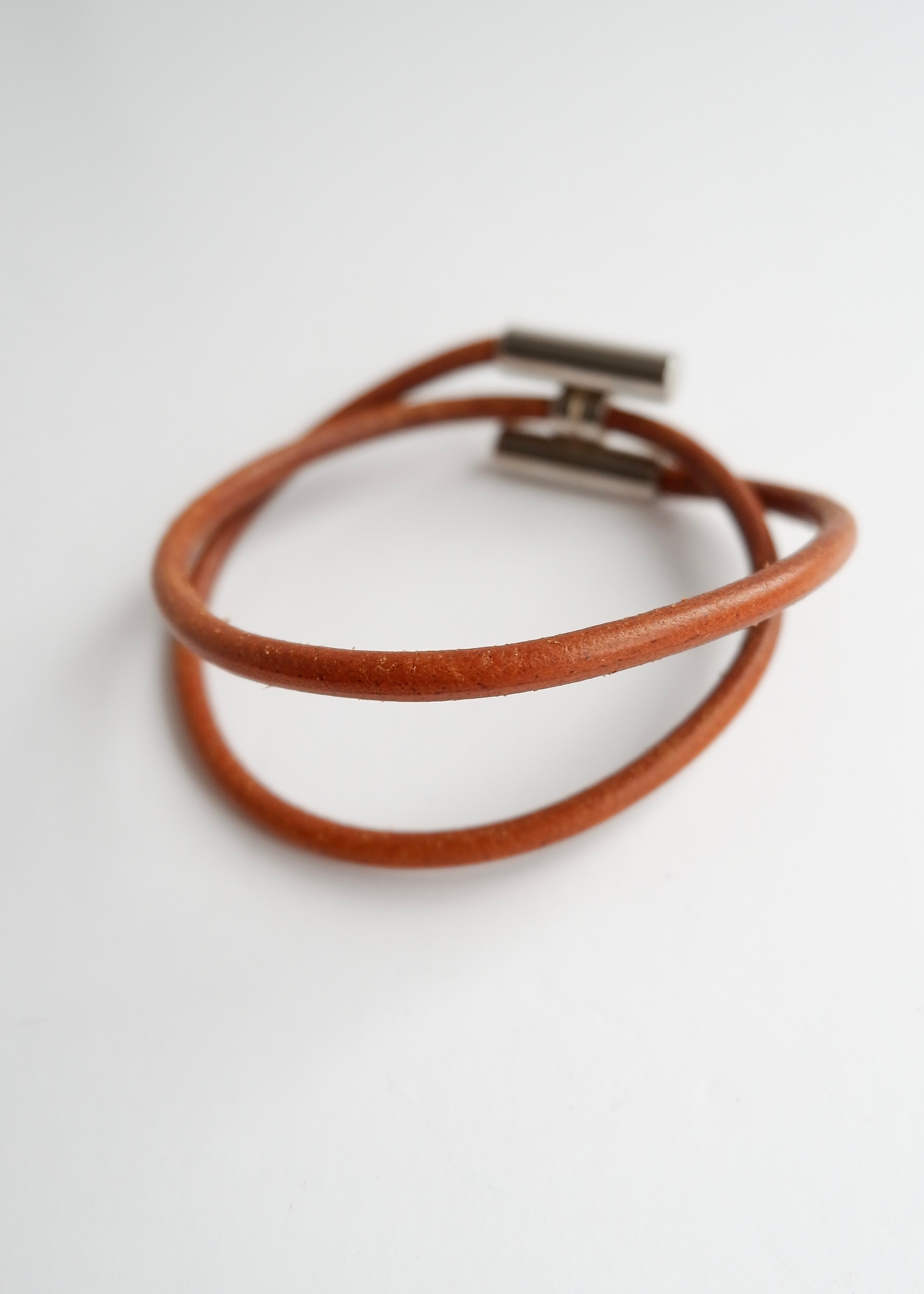 Preowned Hermes Brown Leather H Wrap Bracelet