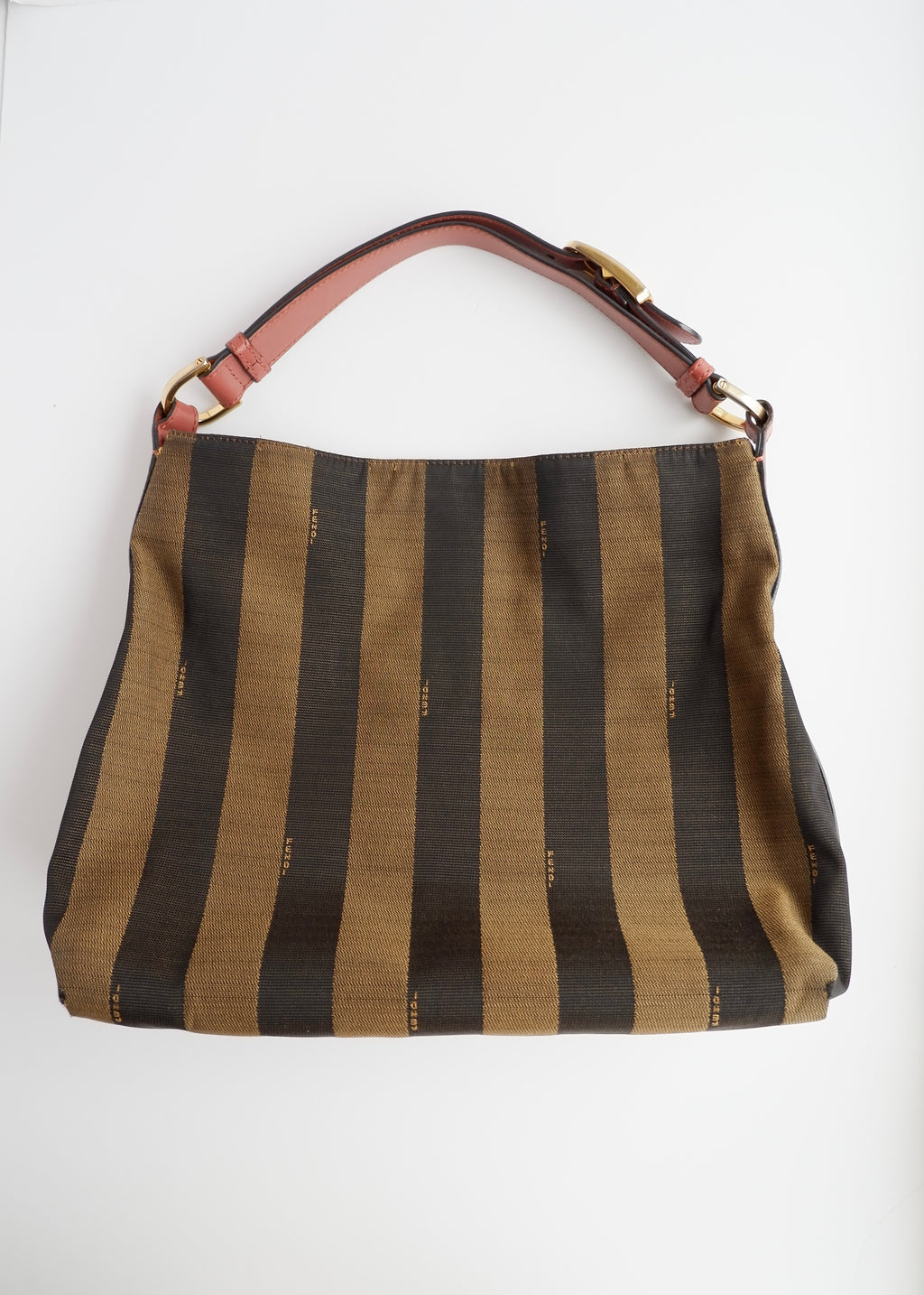 Authentique sac porté épaule Fendi d'occasion en toile/cuir Pequin marron/rose