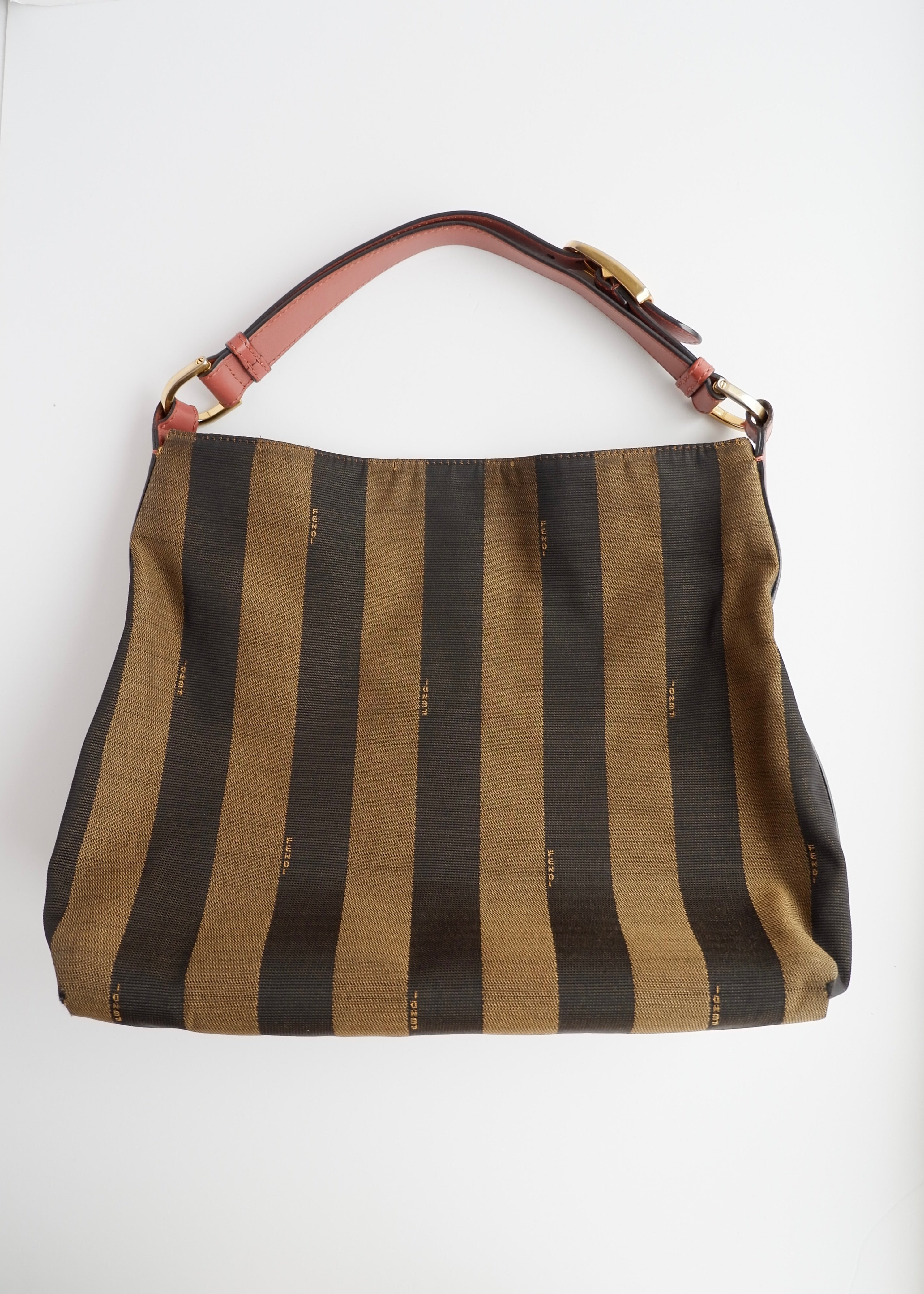 Authentique sac porté épaule Fendi d'occasion en toile/cuir Pequin marron/rose