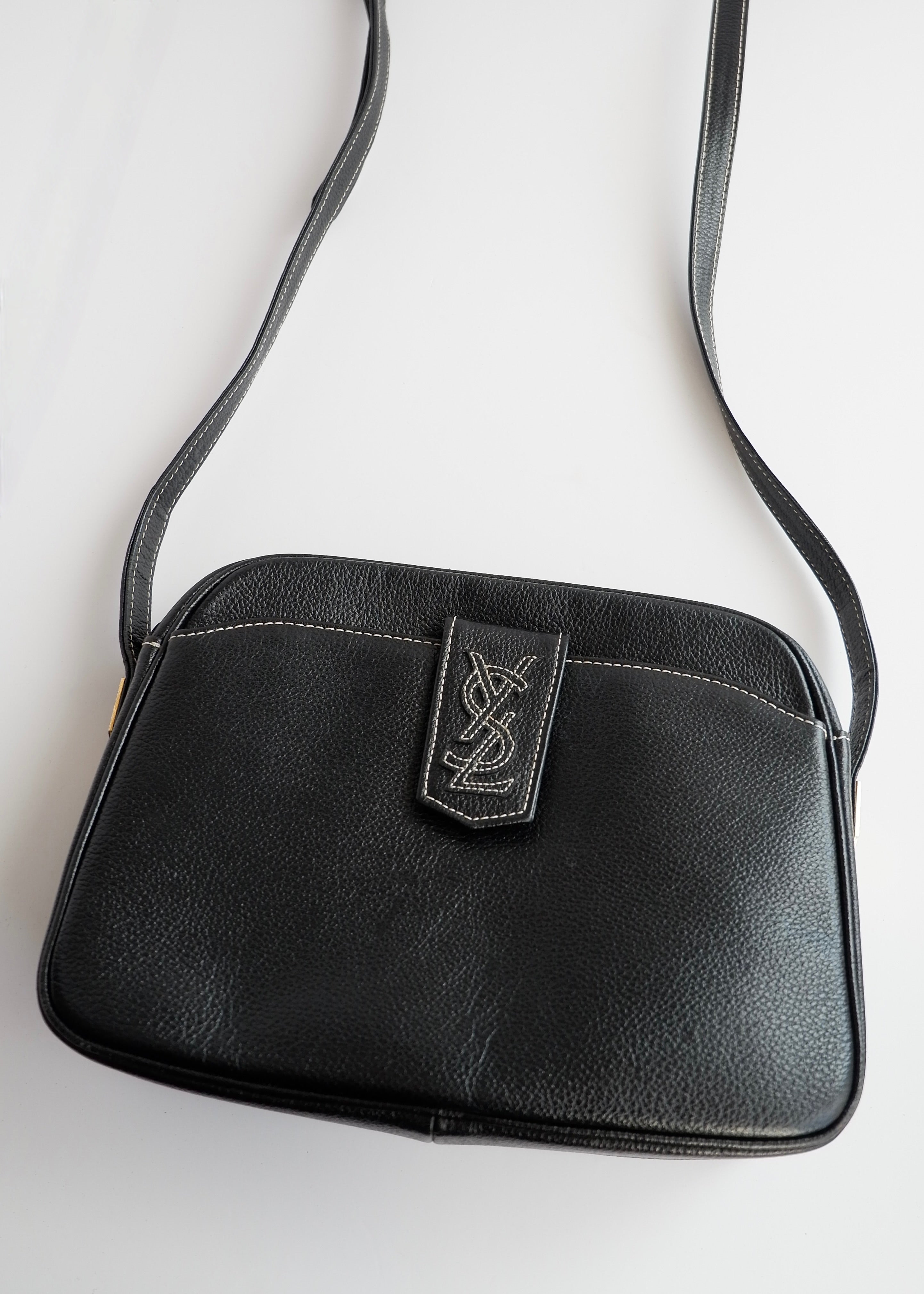 Authentic Preowned Vintage YSL (Yves Saint Laurent) Black Leather Crossbody Bag