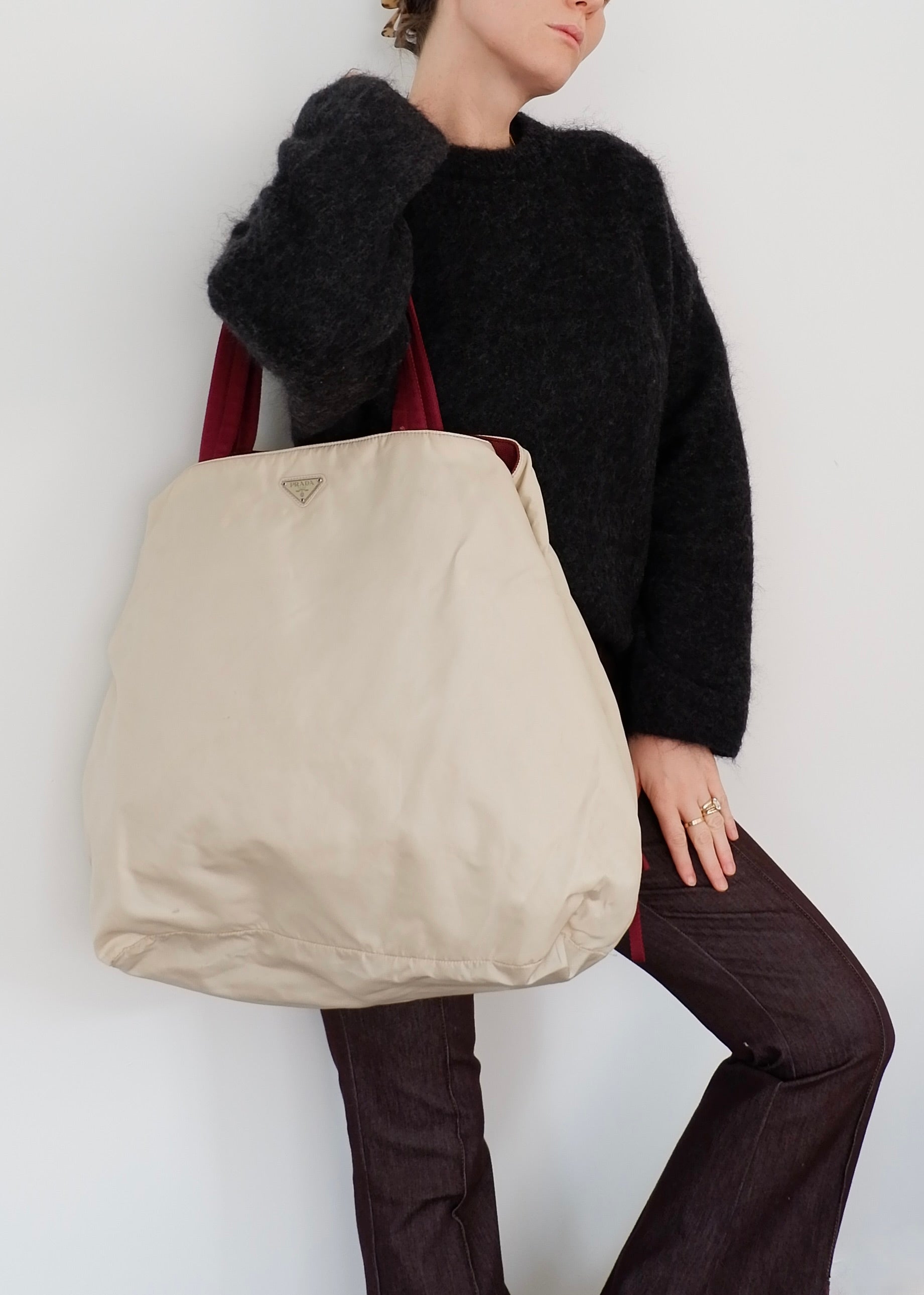 Authentic Preowned Prada Beige/ Burgundy Nylon Oversized Tote Bag