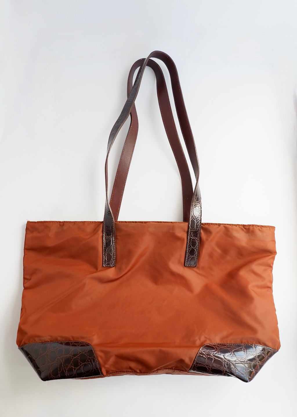 Preowned Prada Brown Nylon/ Patent Croc Long Strap Tote Bag
