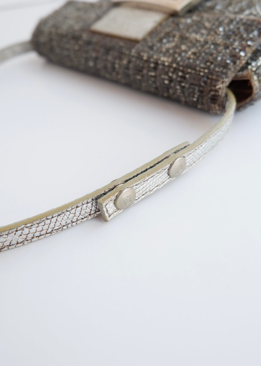 Authentic Preowned Vintage Fendi Silver FF Zucchino Beaded Small Baguette Shoulder Bag