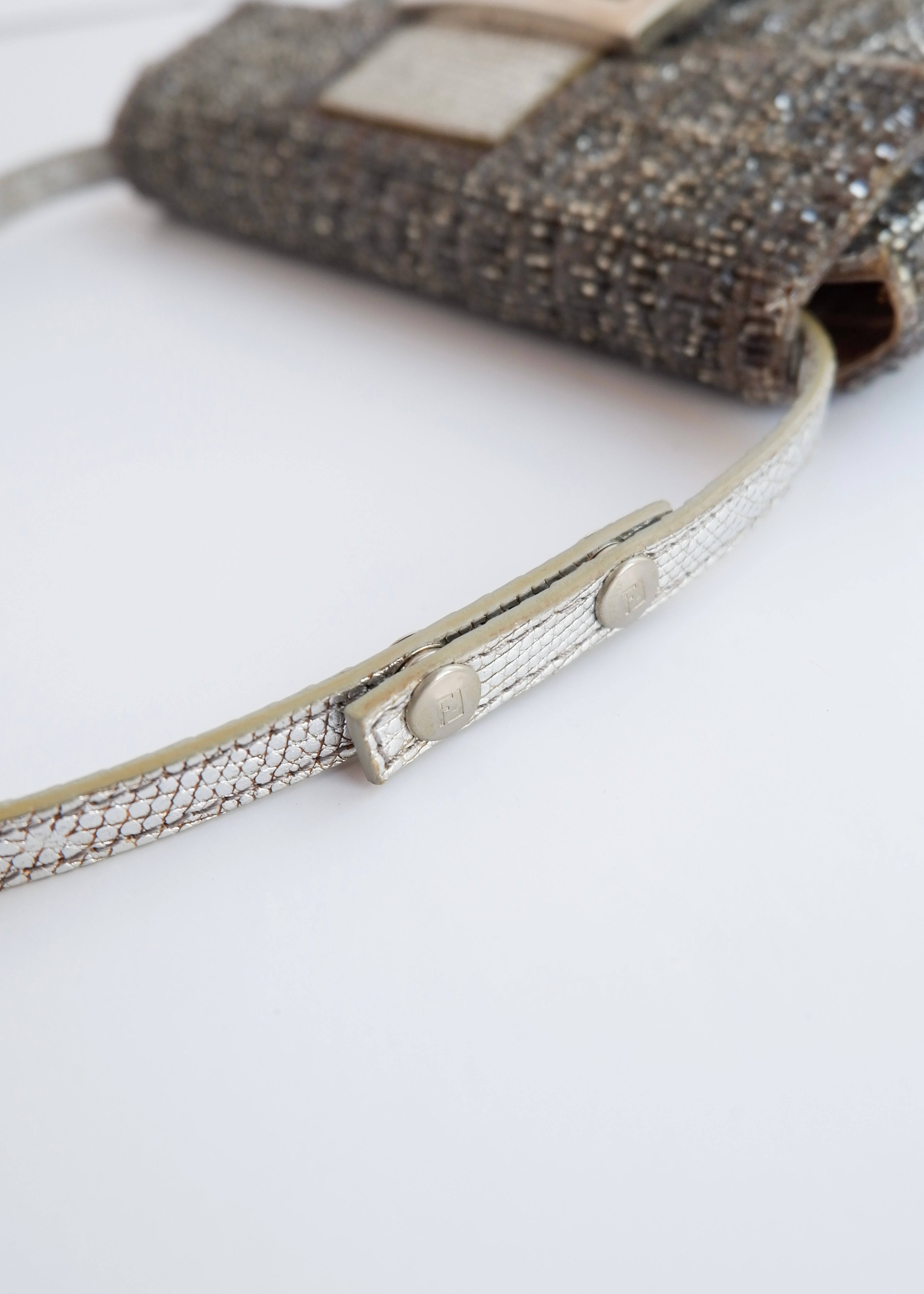 Authentic Preowned Vintage Fendi Silver FF Zucchino Beaded Small Baguette Shoulder Bag