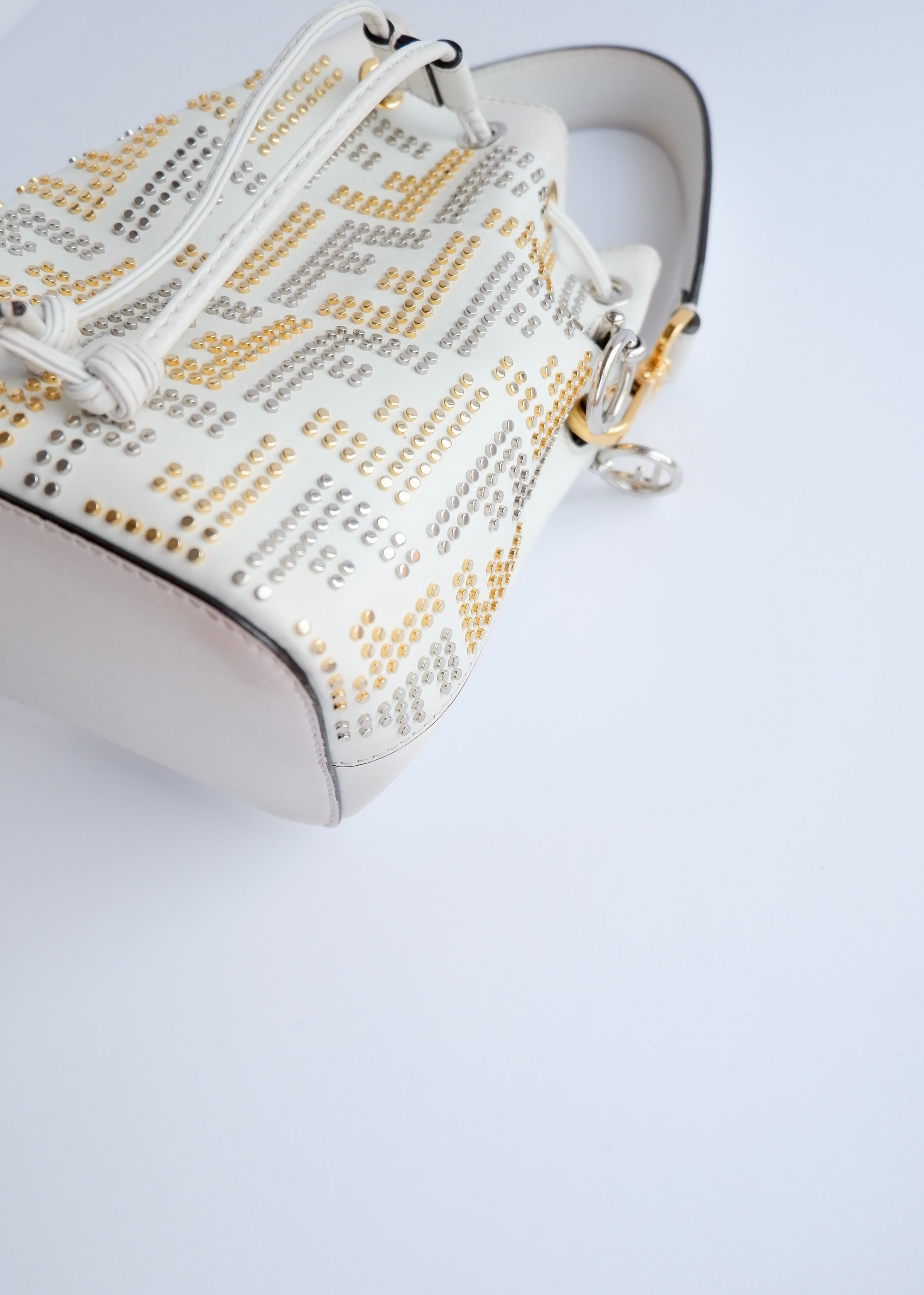 Authentic Preowned Fendi White Leather Zucca Studded Drawstring Bucket Bag