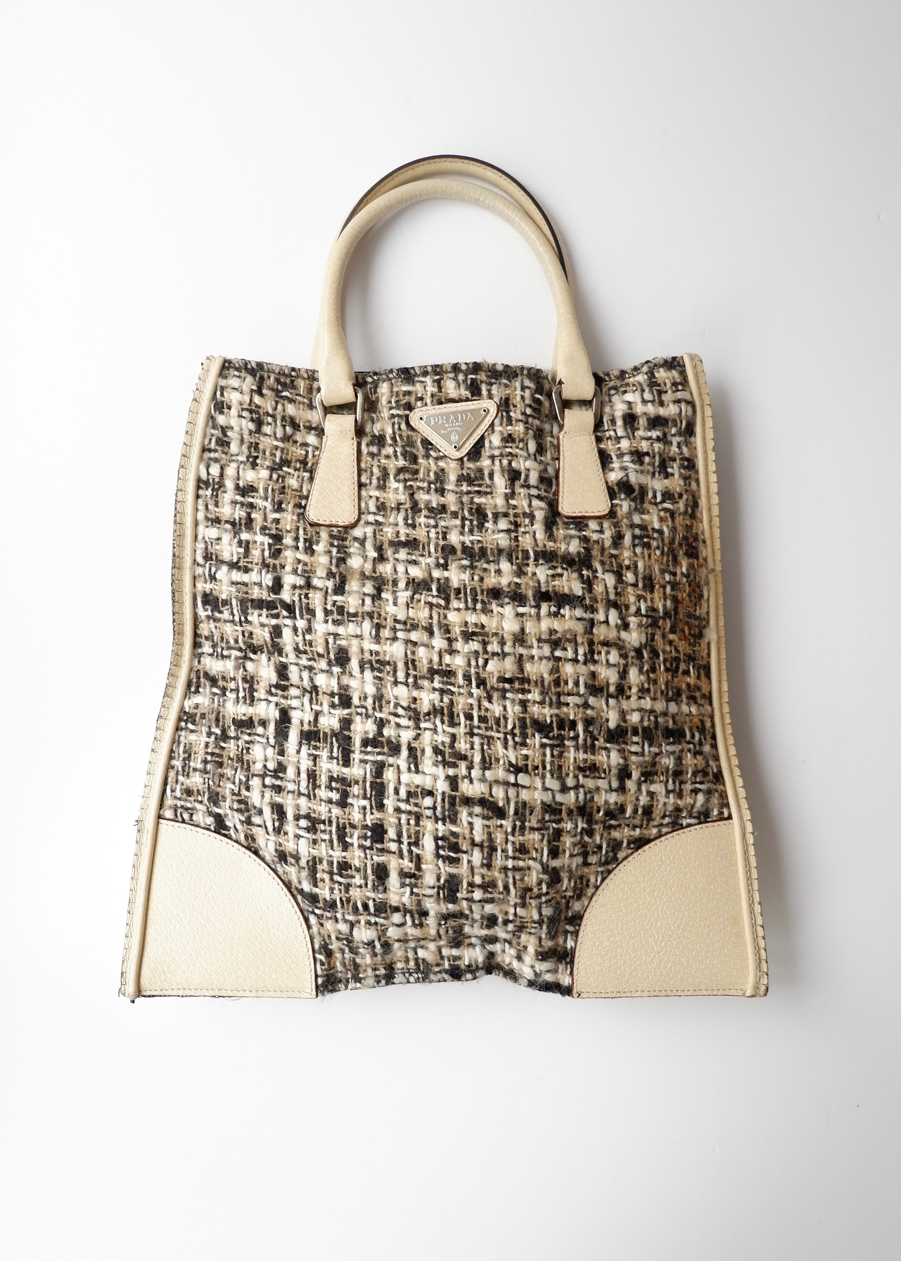 Preowned Prada Beige Tweed/ Leather Top Handle Bag