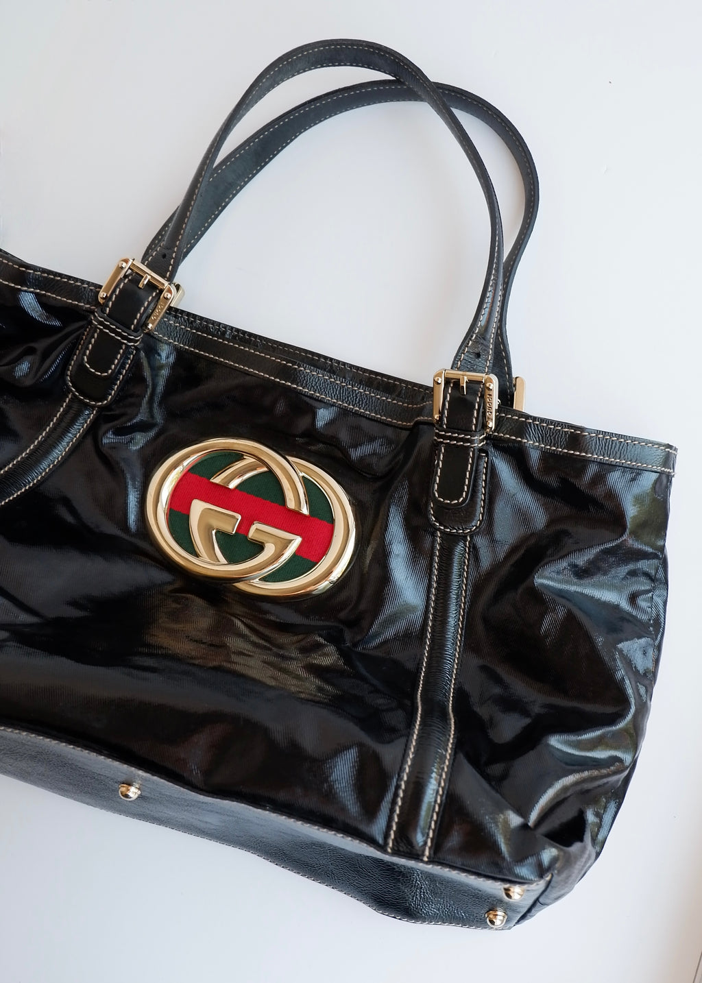 Preowned Gucci Black Dialux/ Patent Leather Britt Shoulder Tote