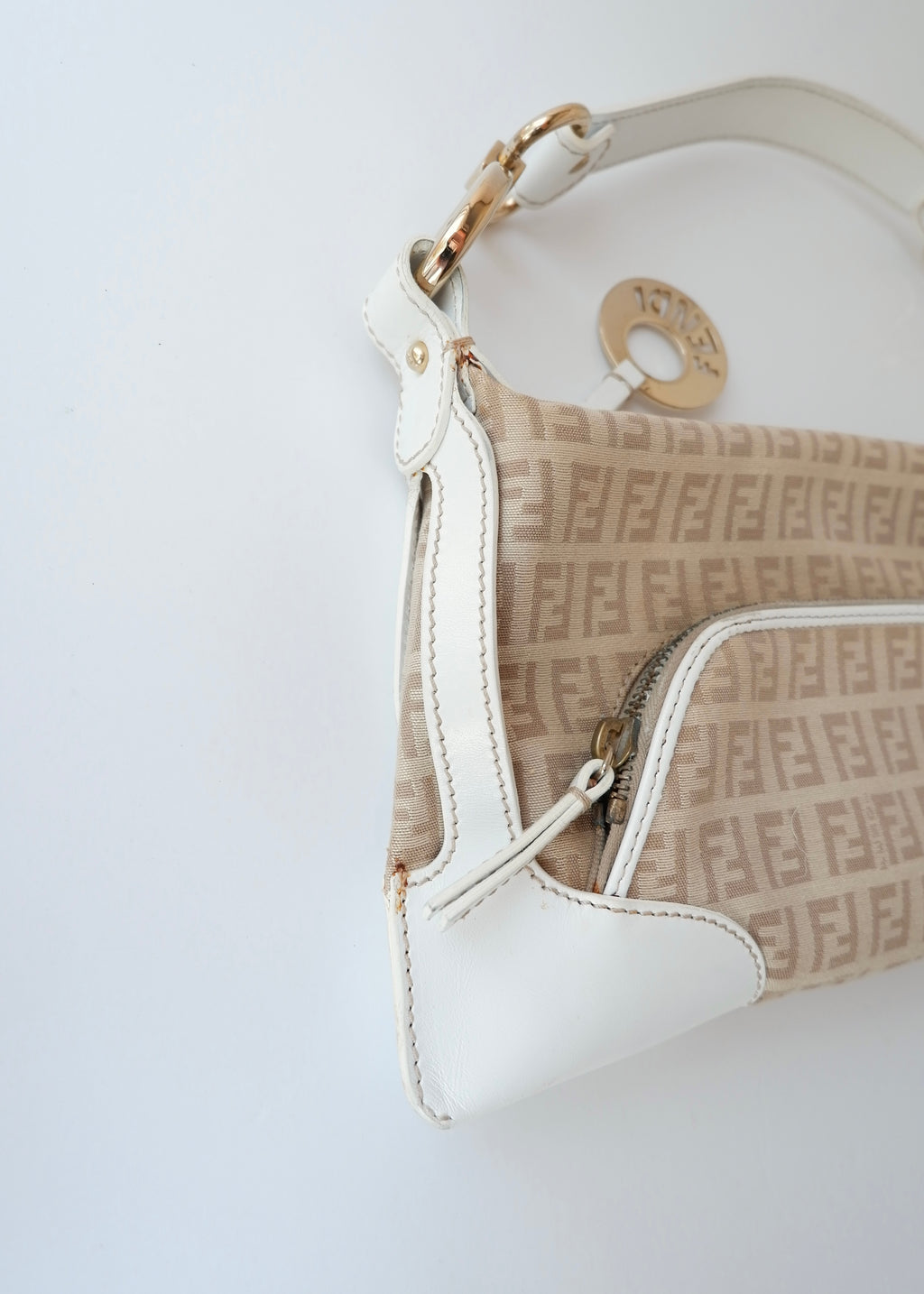 Preowned Vintage Fendi White Leather Beige Canvas Zucchino Shoulder Bag