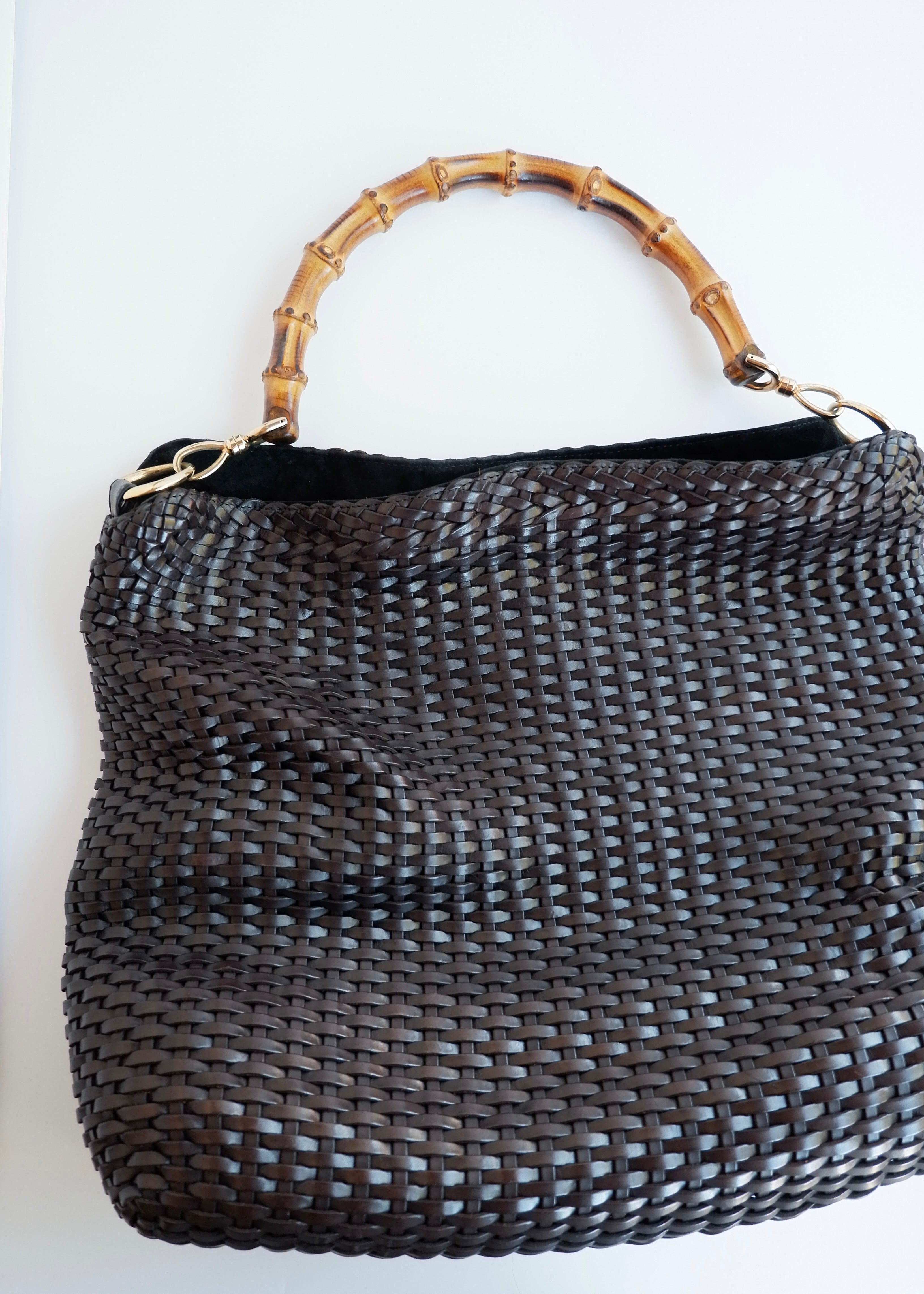 Authentic Preowned Gucci Brown Woven Leather Bamboo Hobo Shoulder Bag