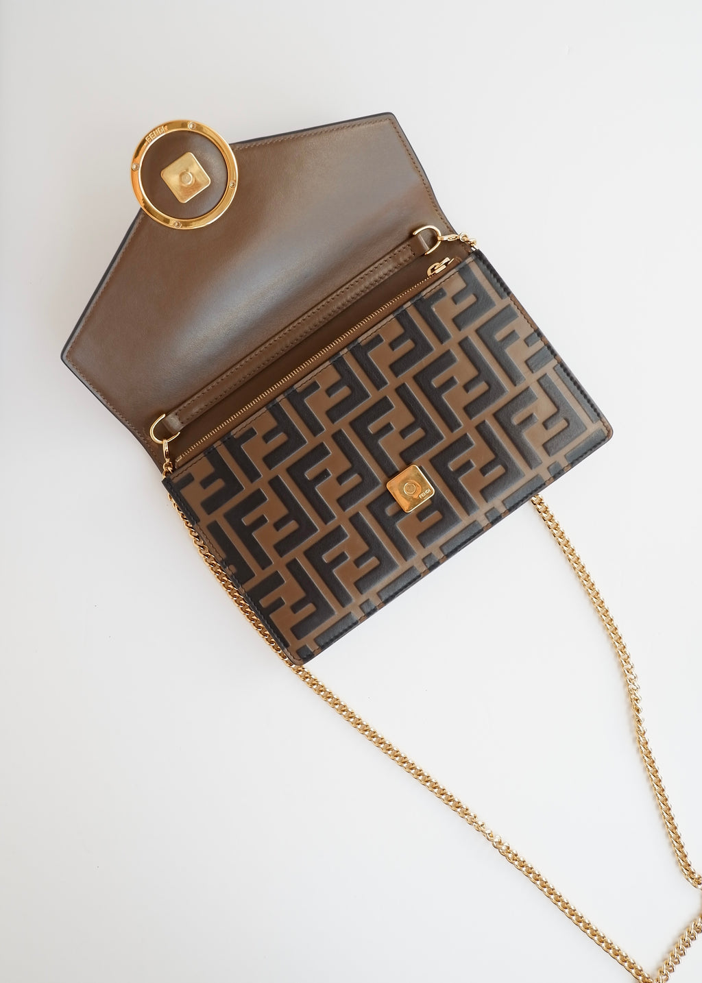 Preowned Fendi Brown Zucca Embossed Leather Wallet on Chain