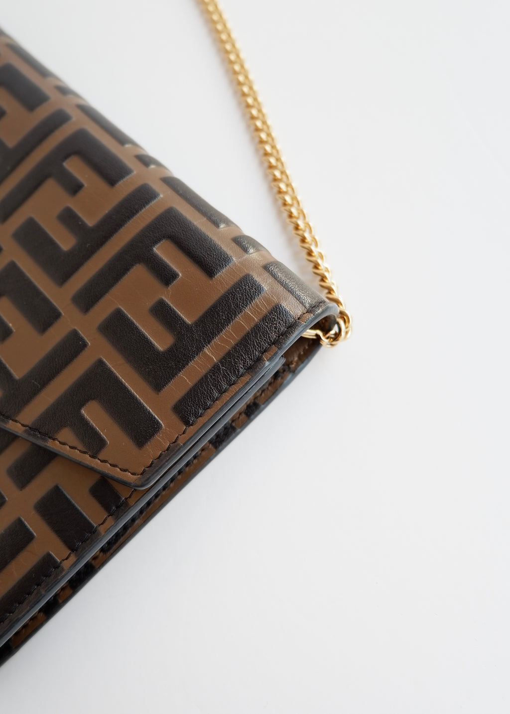 Preowned Fendi Brown Zucca Embossed Leather Wallet on Chain