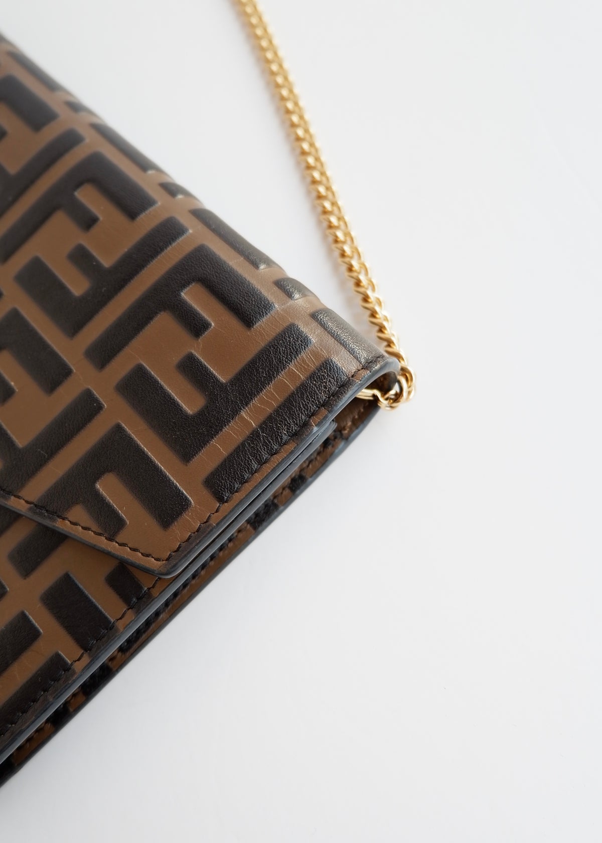 Preowned Fendi Brown Zucca Embossed Leather Wallet on Chain