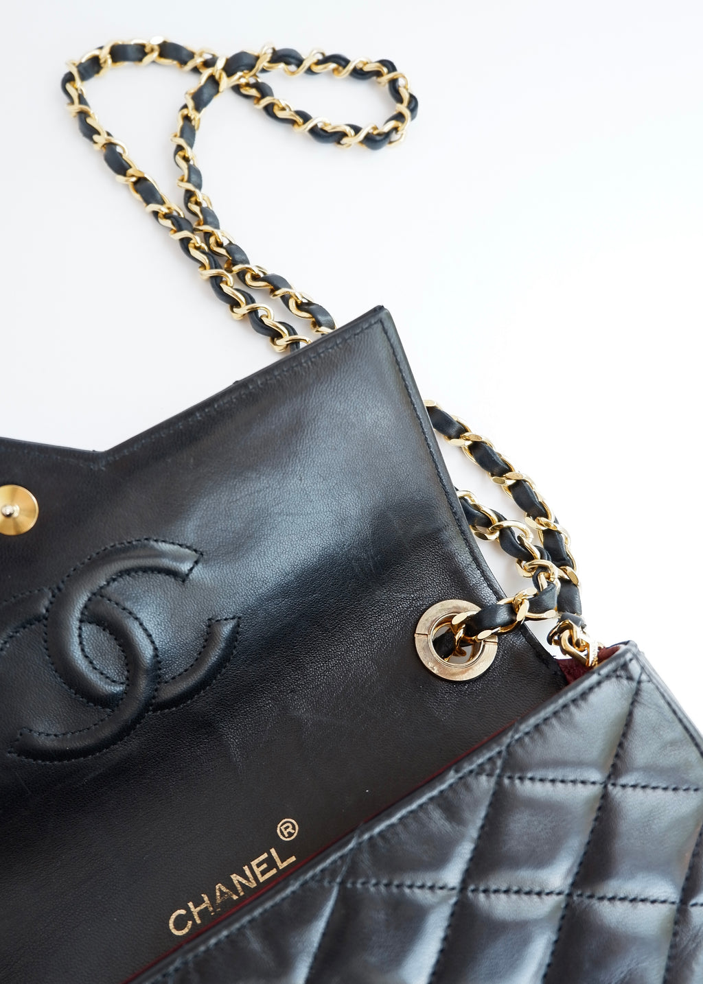 Authentic Preowned Vintage Chanel Black Lambskin Quilted Single Flap Crystal CC Logo Bag GHW