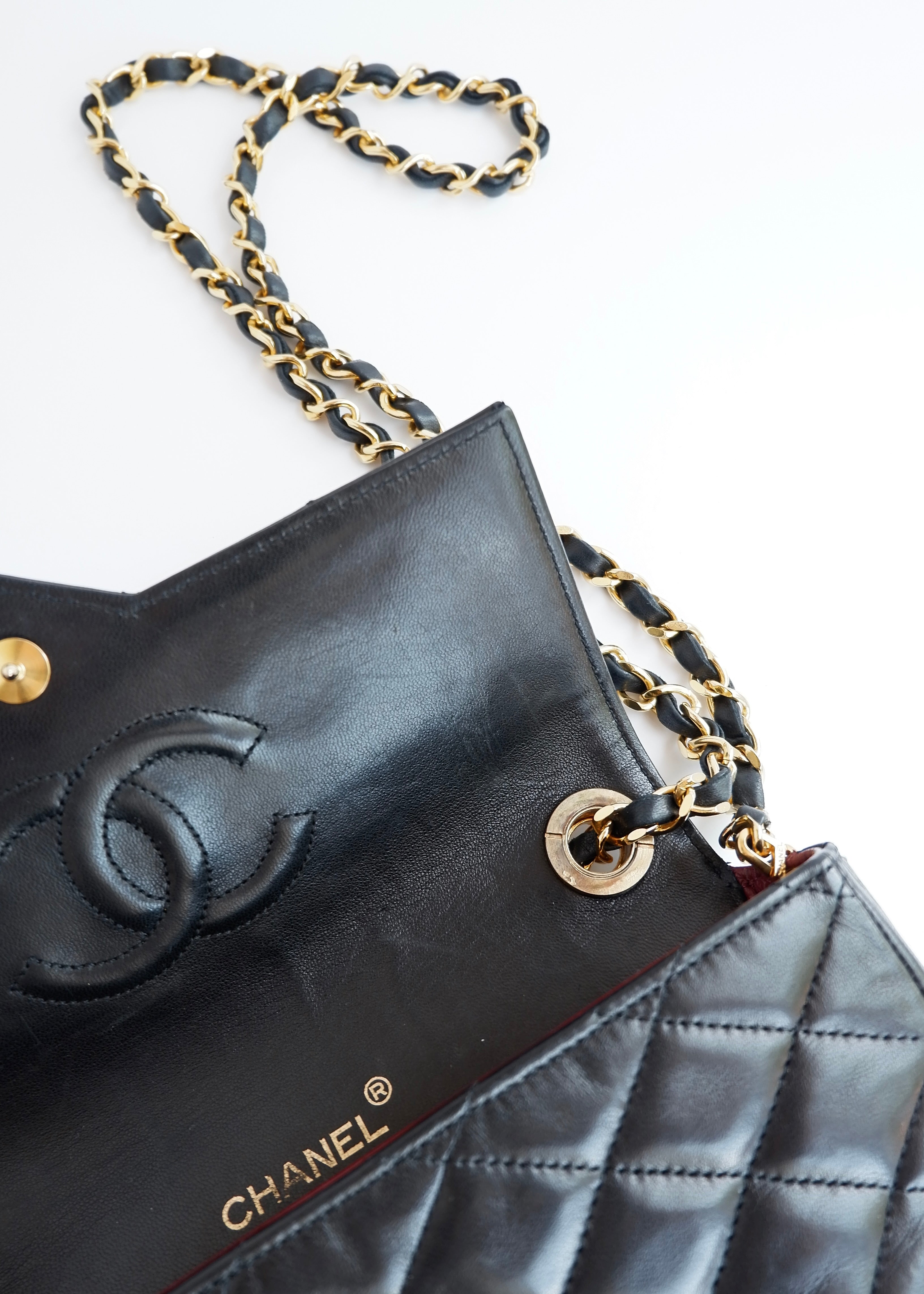 Authentic Preowned Vintage Chanel Black Lambskin Quilted Single Flap Crystal CC Logo Bag GHW