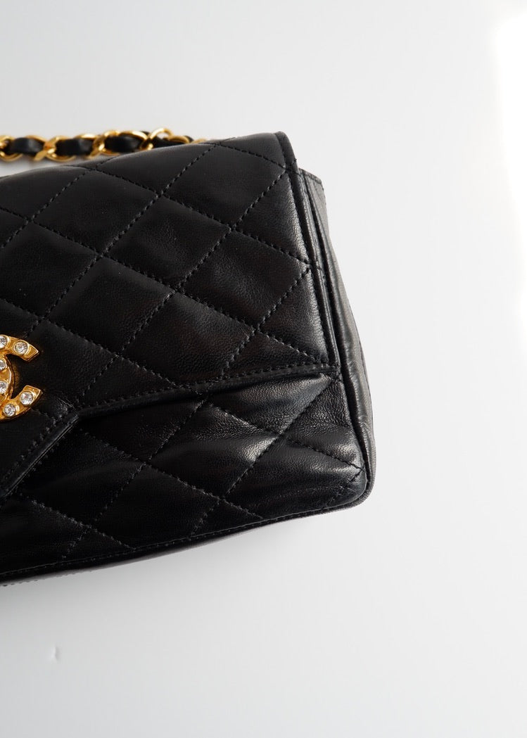 Authentic Preowned Vintage Chanel Black Lambskin Quilted Single Flap Crystal CC Logo Bag GHW