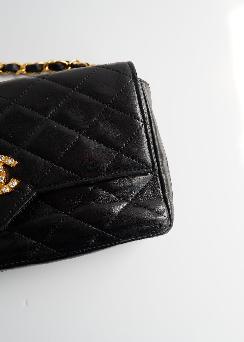 Authentic Preowned Vintage Chanel Black Lambskin Quilted Single Flap Crystal CC Logo Bag GHW