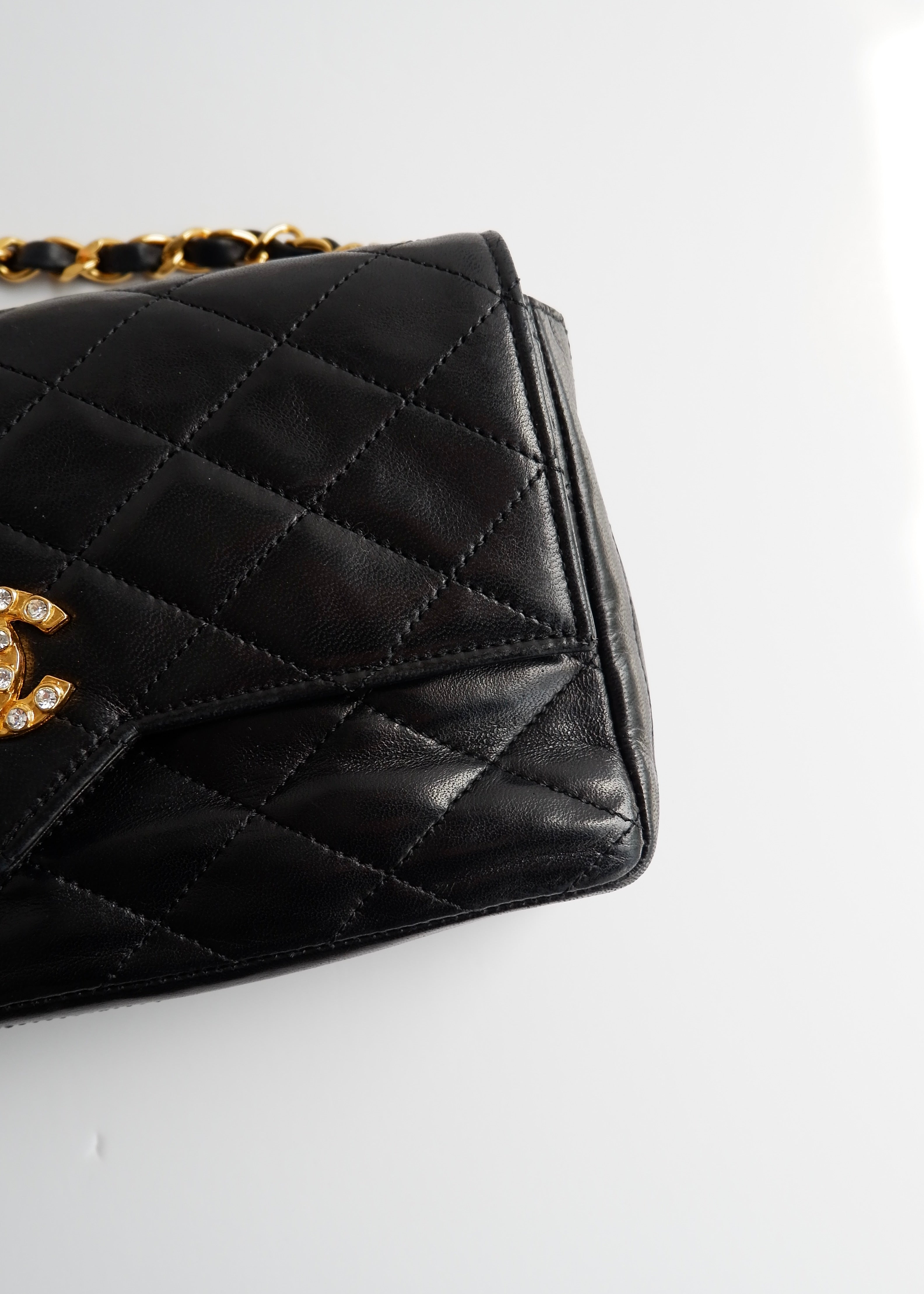 Authentic Preowned Vintage Chanel Black Lambskin Quilted Single Flap Crystal CC Logo Bag GHW