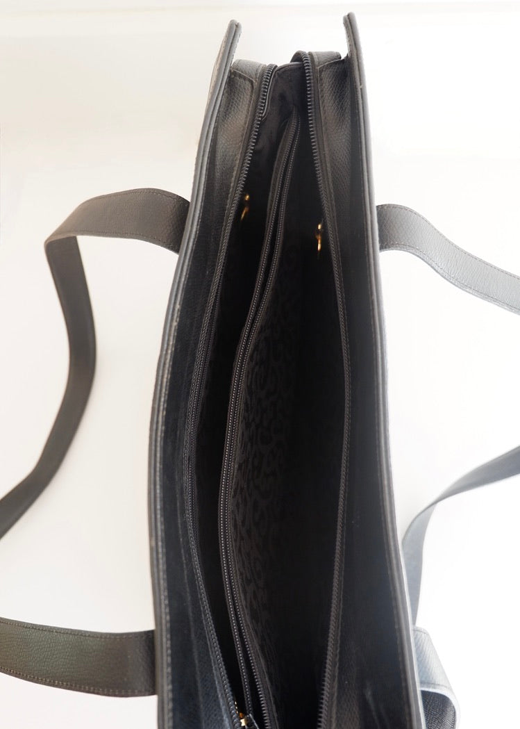 Preowned Vintage YSL Black Leather Embossed Printed Tote Bag