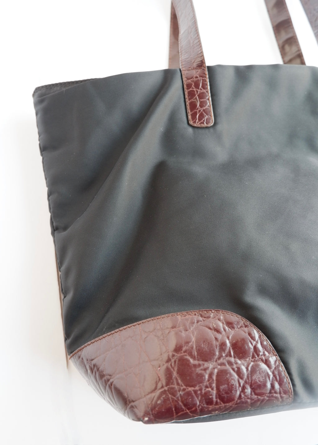 Authentic Preowned Prada Black/ Burgundy Nylon/Patent Leather Long Strap Tote Bag