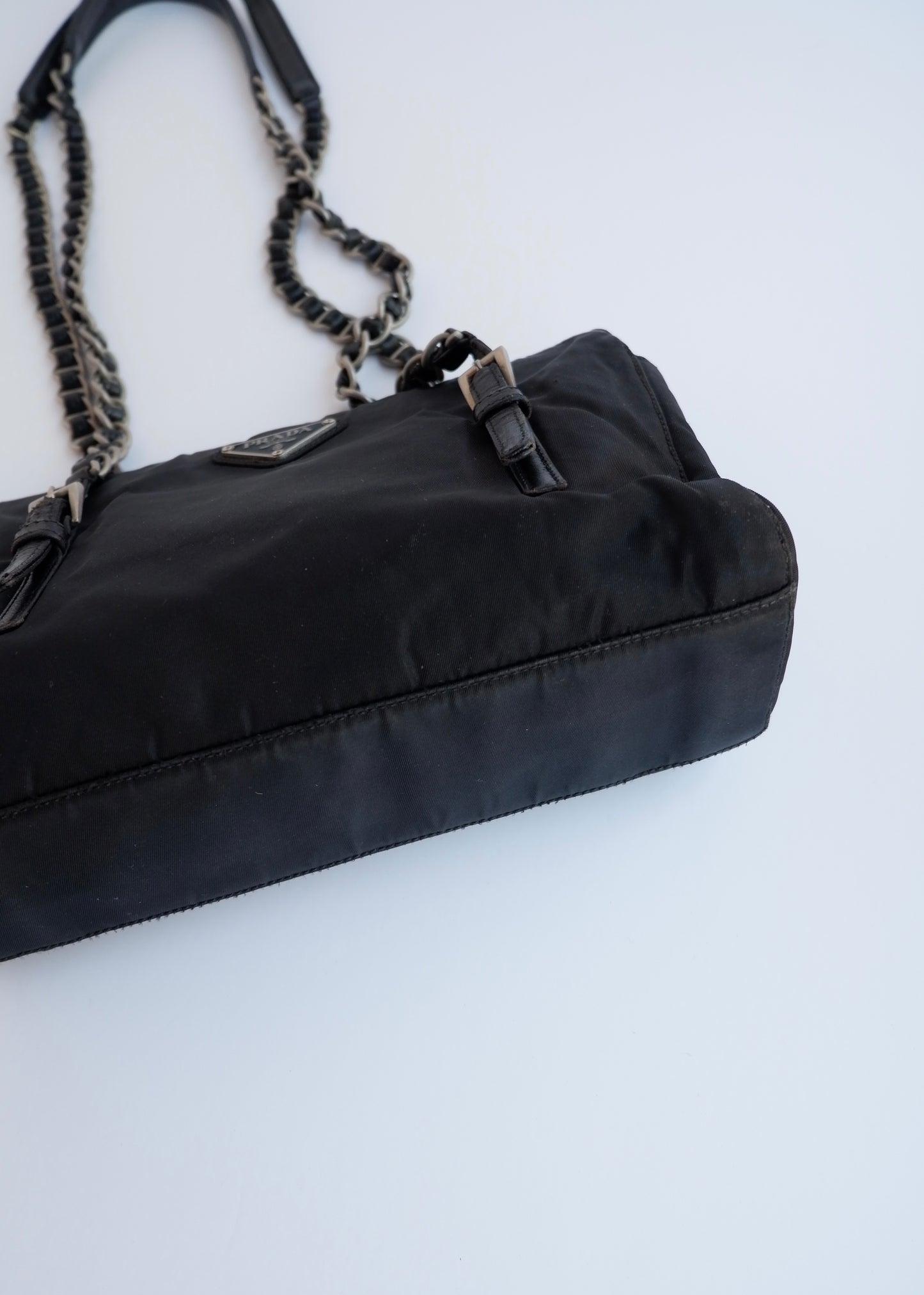 Authentic Preowned Prada Black Nylon/ Leather Metal Chain Shoulder Bag