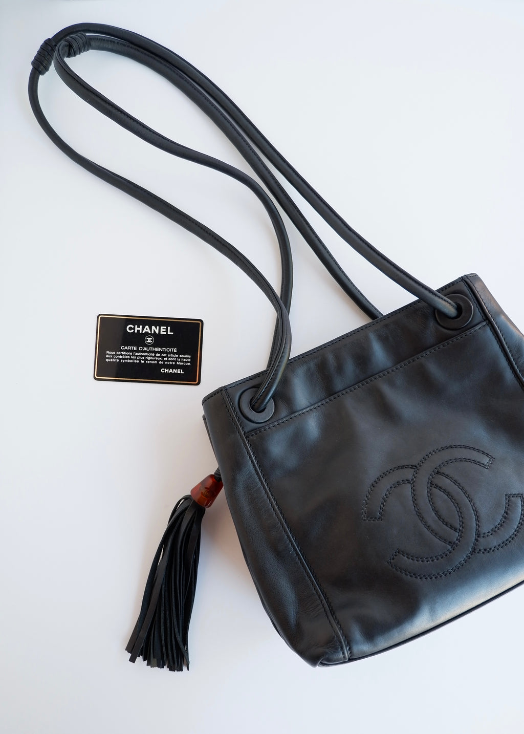 Authentic Preowned Vintage Chanel Black Leather CC Logo Tassel Shoulder Bag