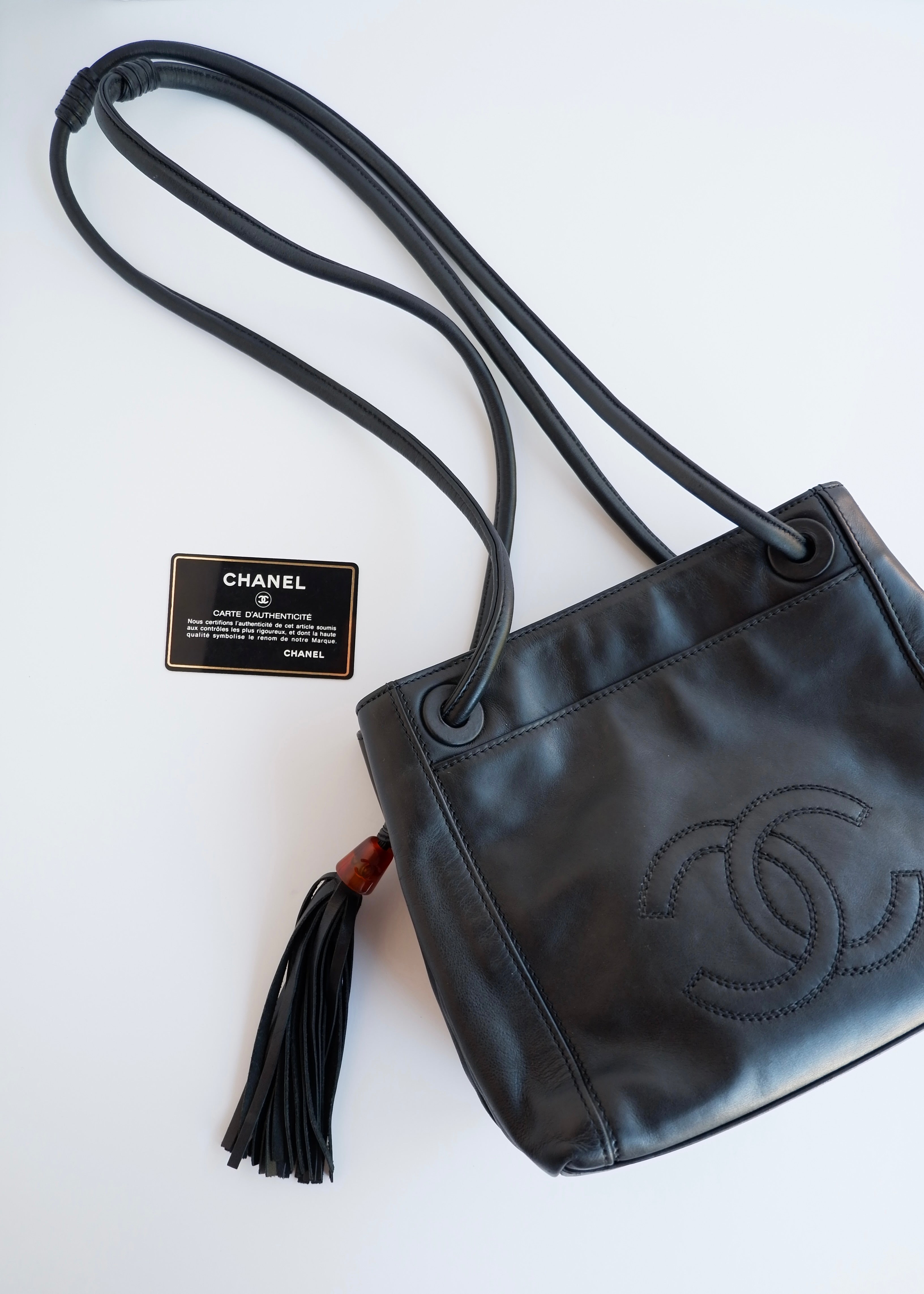 Authentic Preowned Vintage Chanel Black Leather CC Logo Tassel Shoulder Bag
