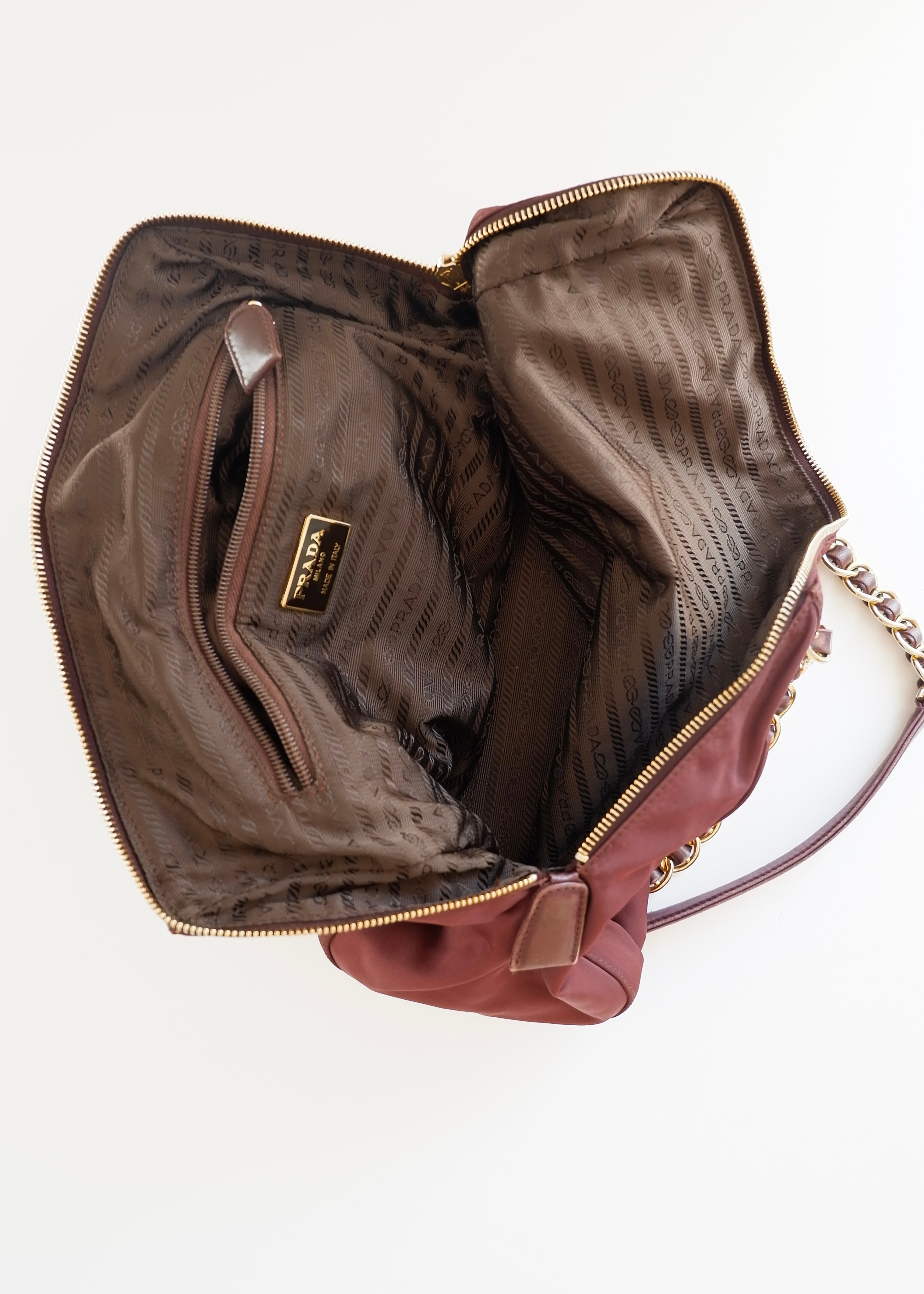 Preowned Prada Burgundy Nylon Chain Shoulder Tote