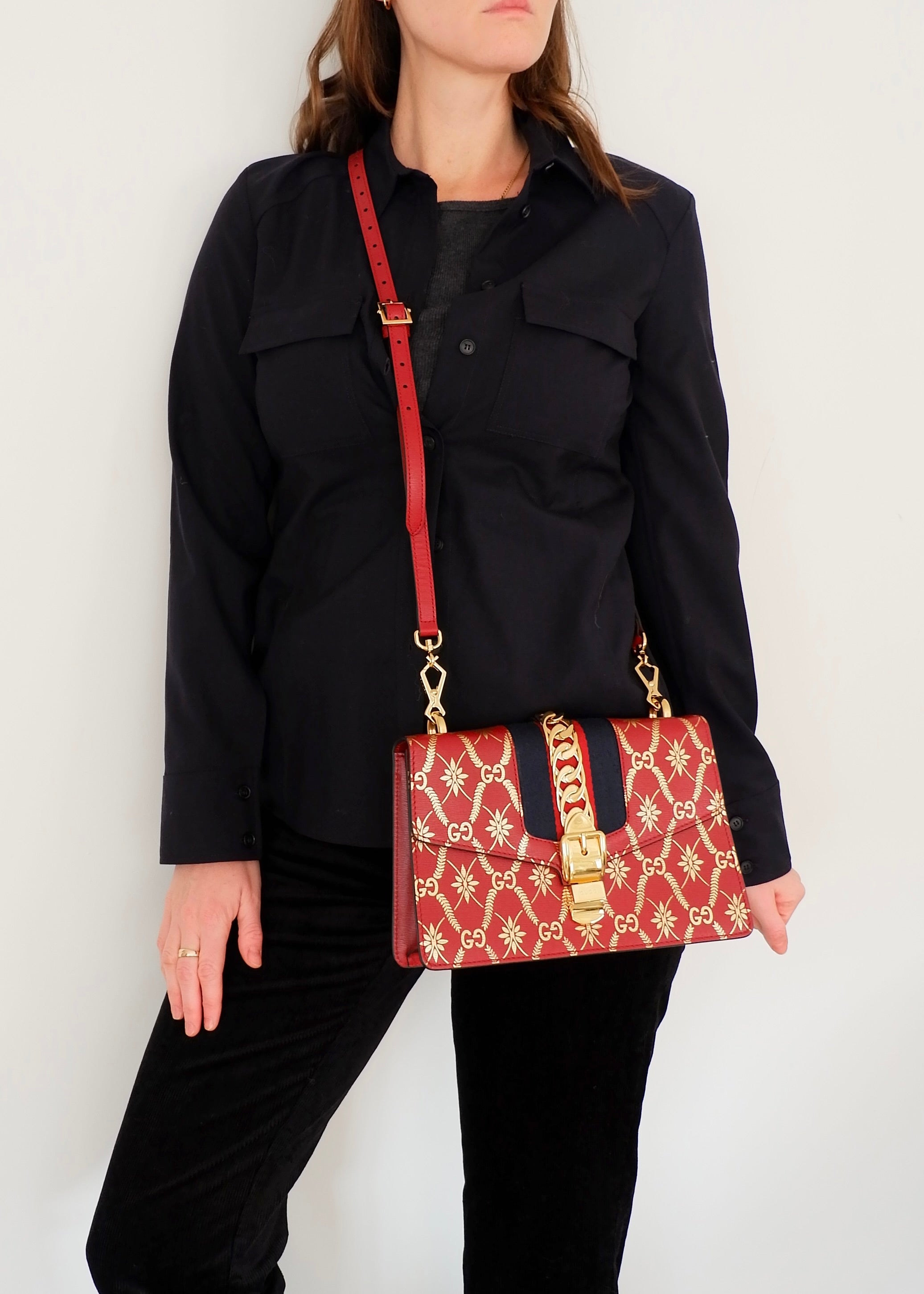 Authentic Preowned Gucci Red/Gold Leather Sylvie Bag