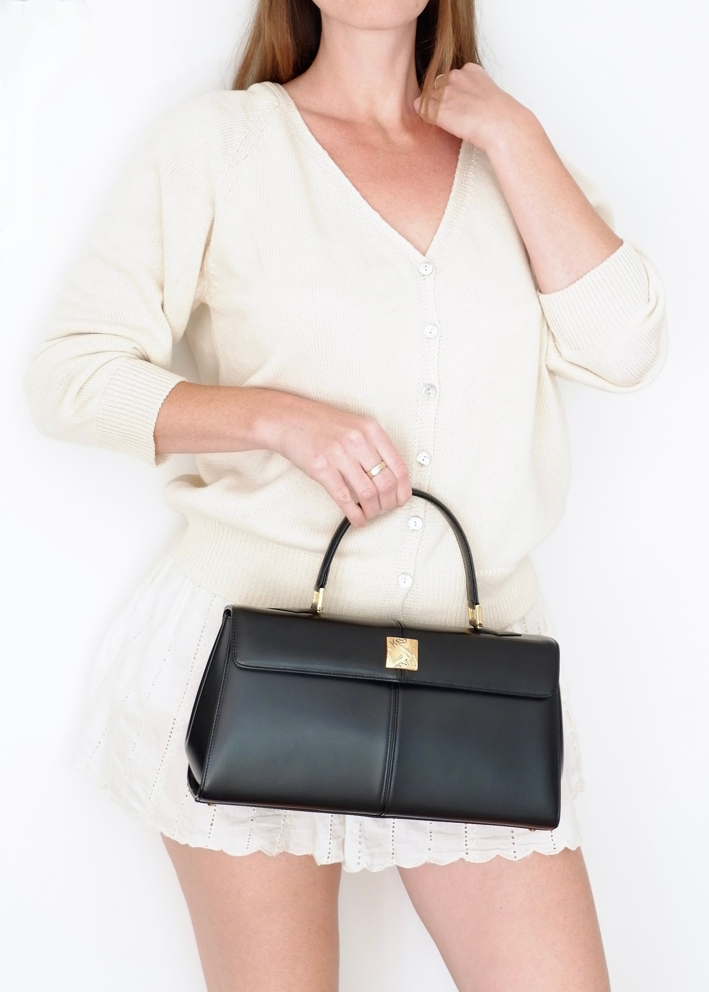 Preowned Vintage YSL Black Leather Top Handle Bag