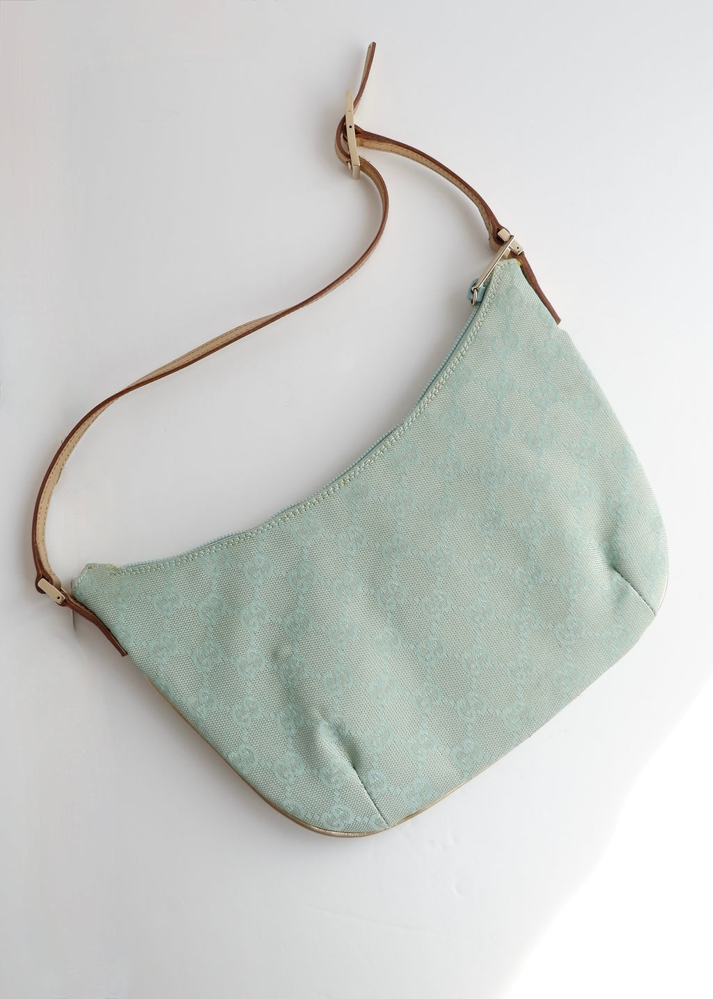Authentic Preowned Gucci Blue GG Canvas Gold Strap Half Moon Shoulder Bag