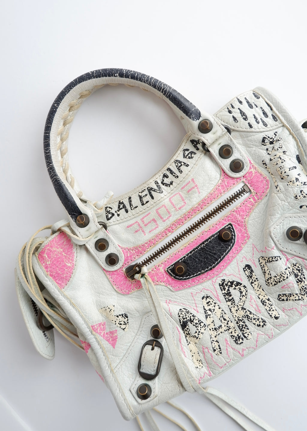Sac Balenciaga City petite taille en cuir graffiti blanc/rose authentique d'occasion