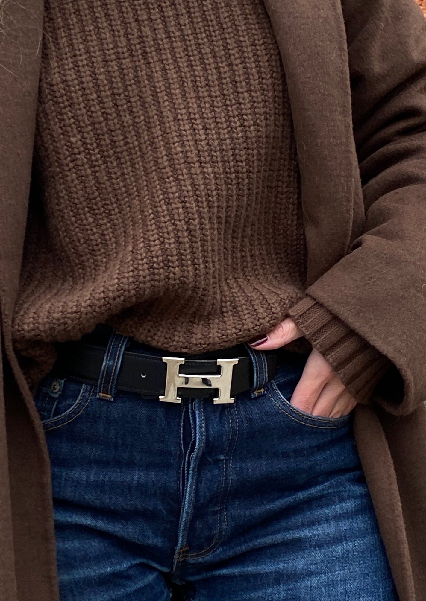 Authentique ceinture Hermes Constance H réversible en cuir noir/marron d'occasion SHW