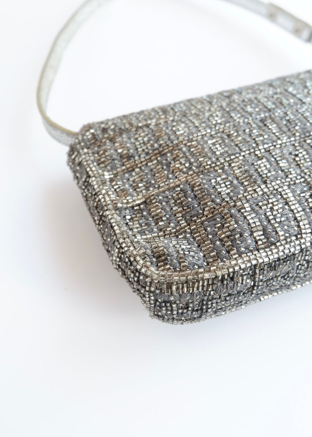Authentic Preowned Vintage Fendi Silver FF Zucchino Beaded Small Baguette Shoulder Bag