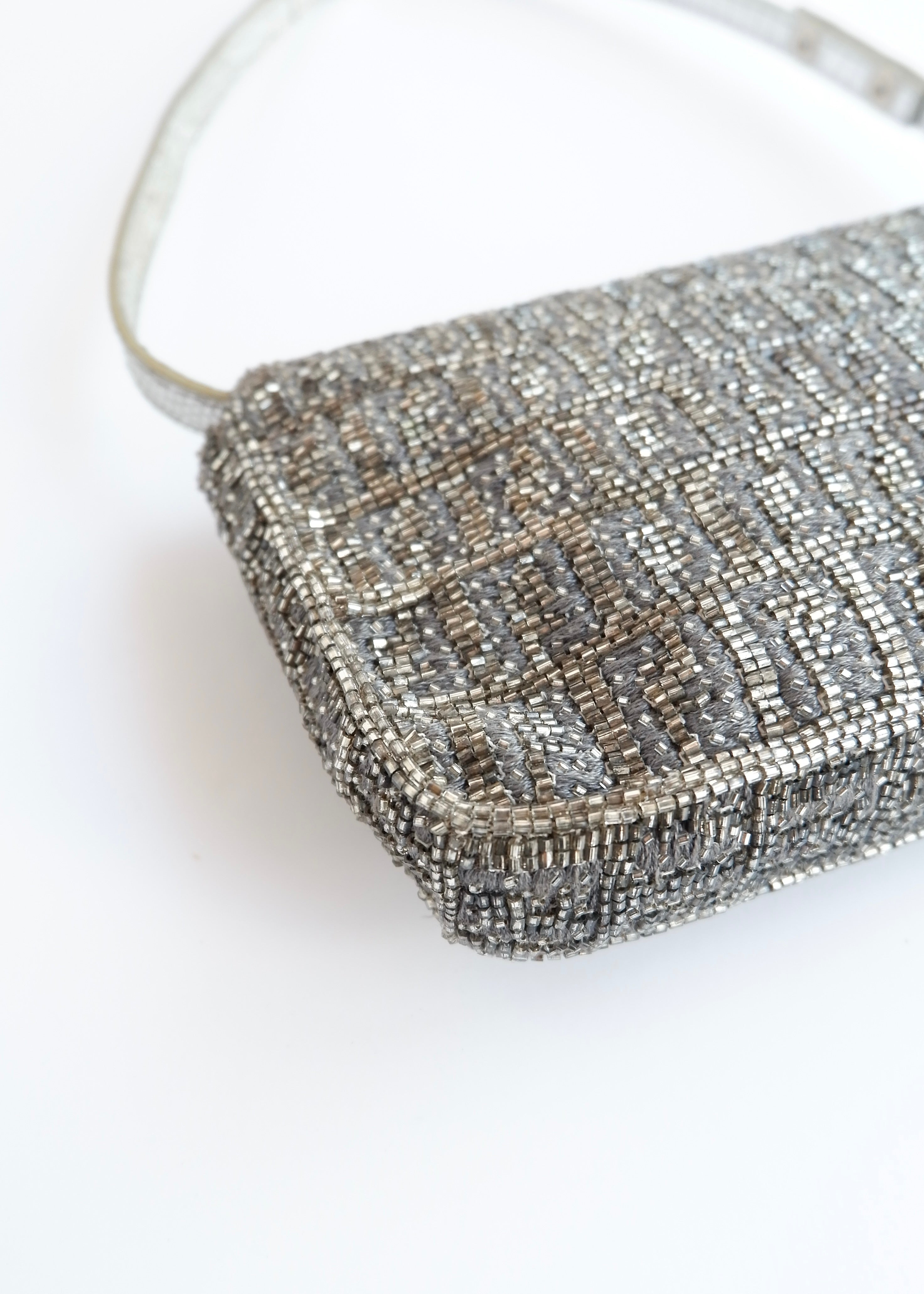 Authentic Preowned Vintage Fendi Silver FF Zucchino Beaded Small Baguette Shoulder Bag