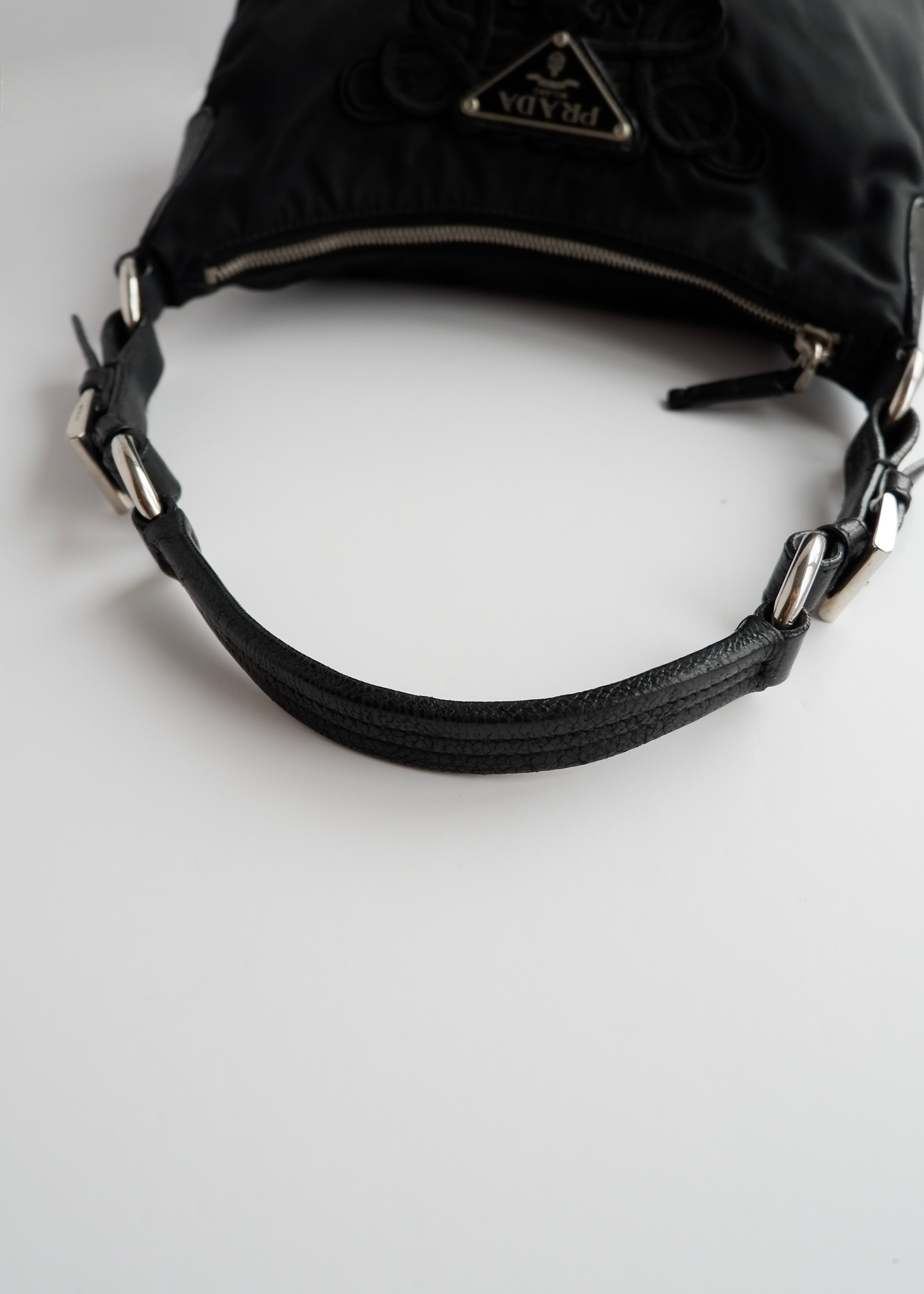 Authentic Preowned Prada Black Nylon Embroidered Hobo Shoulder Bag