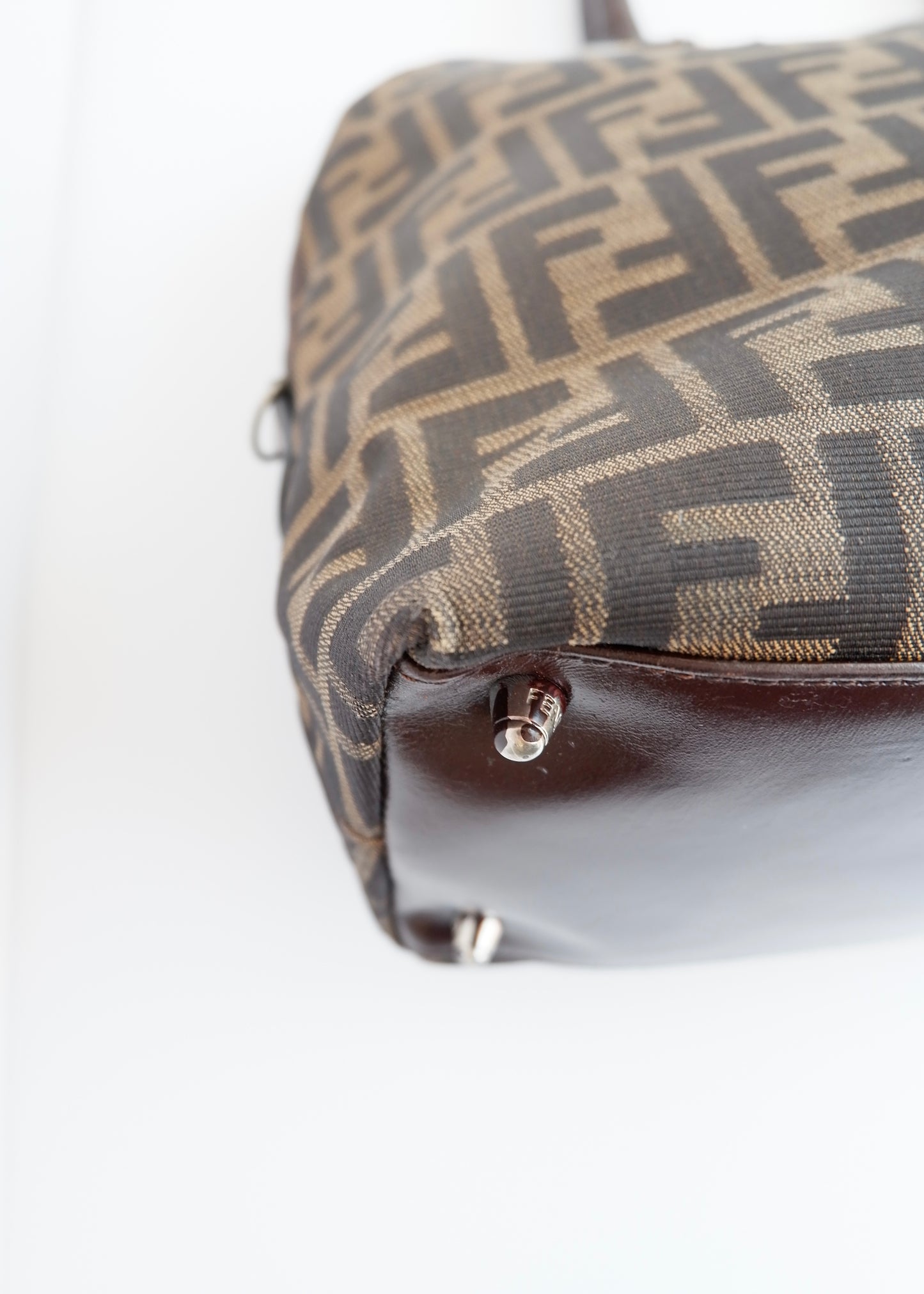 Authentic Preownd Vintage Fendi Brown Canvas Zucca Bowler Shoulder Bag