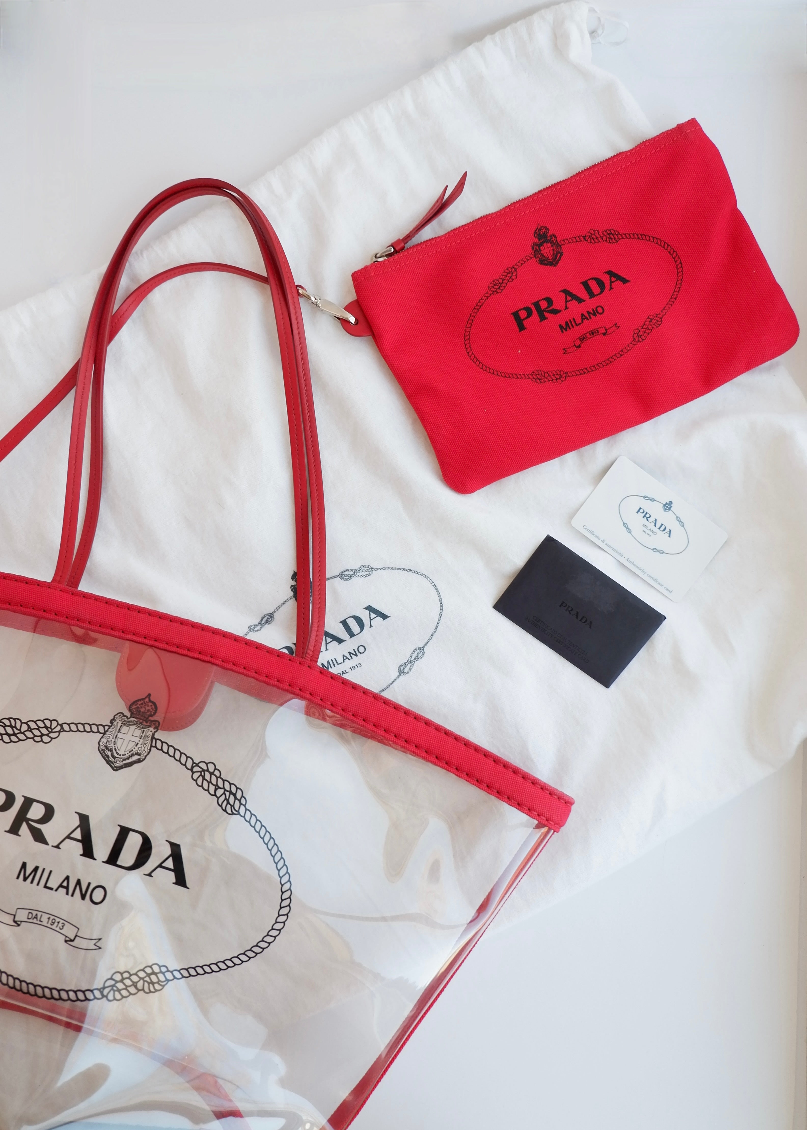 Authentic Preowned Prada Red Canvas/ Transparent Tote Bag
