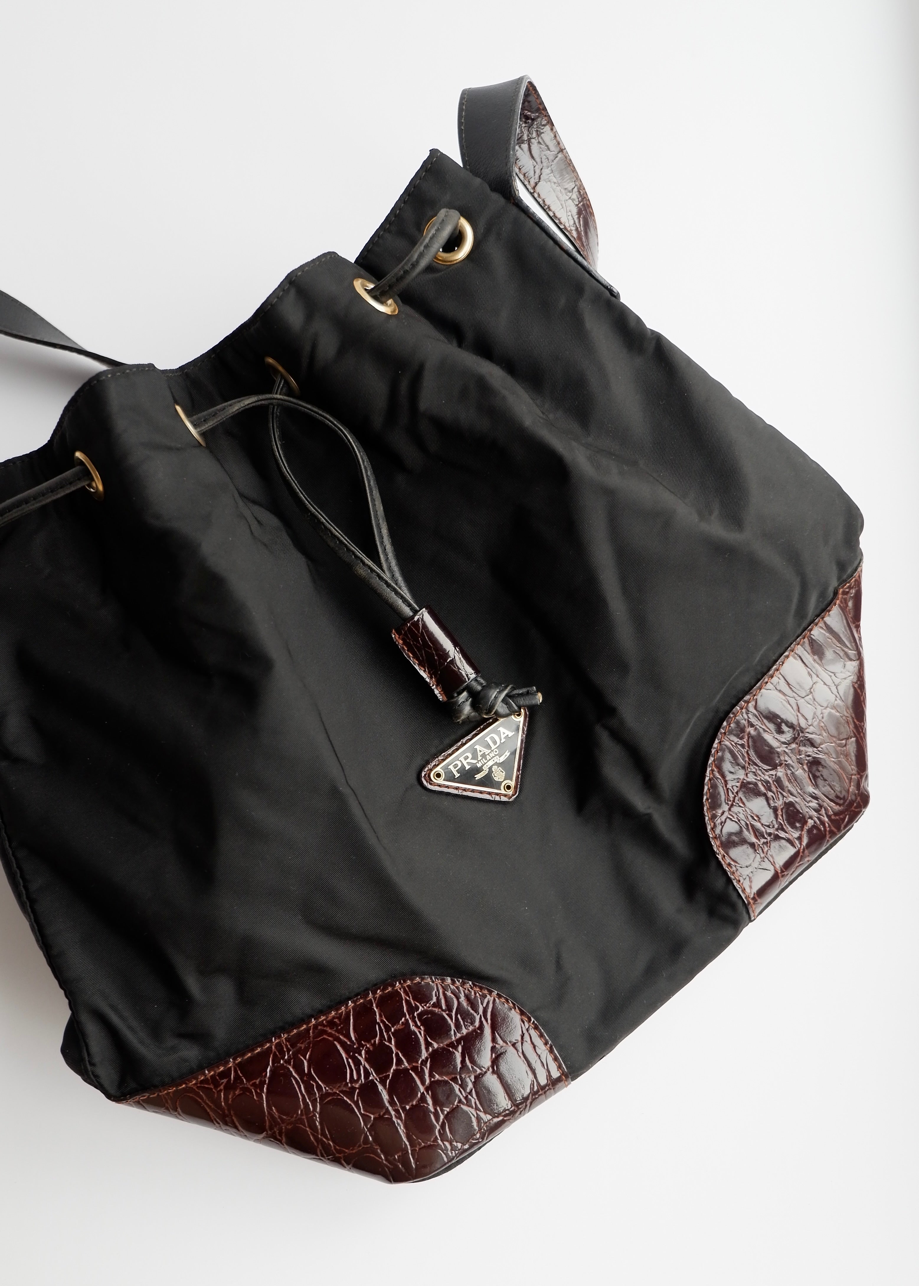 Authentic Preowned Prada Black/Brown Nylon/Leather Bucket Shoulder Bag