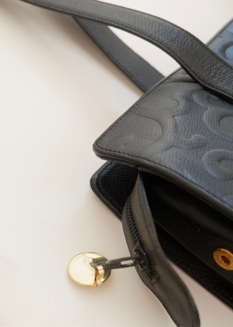 Preowned Vintage YSL Black Leather Embossed Printed Tote Bag