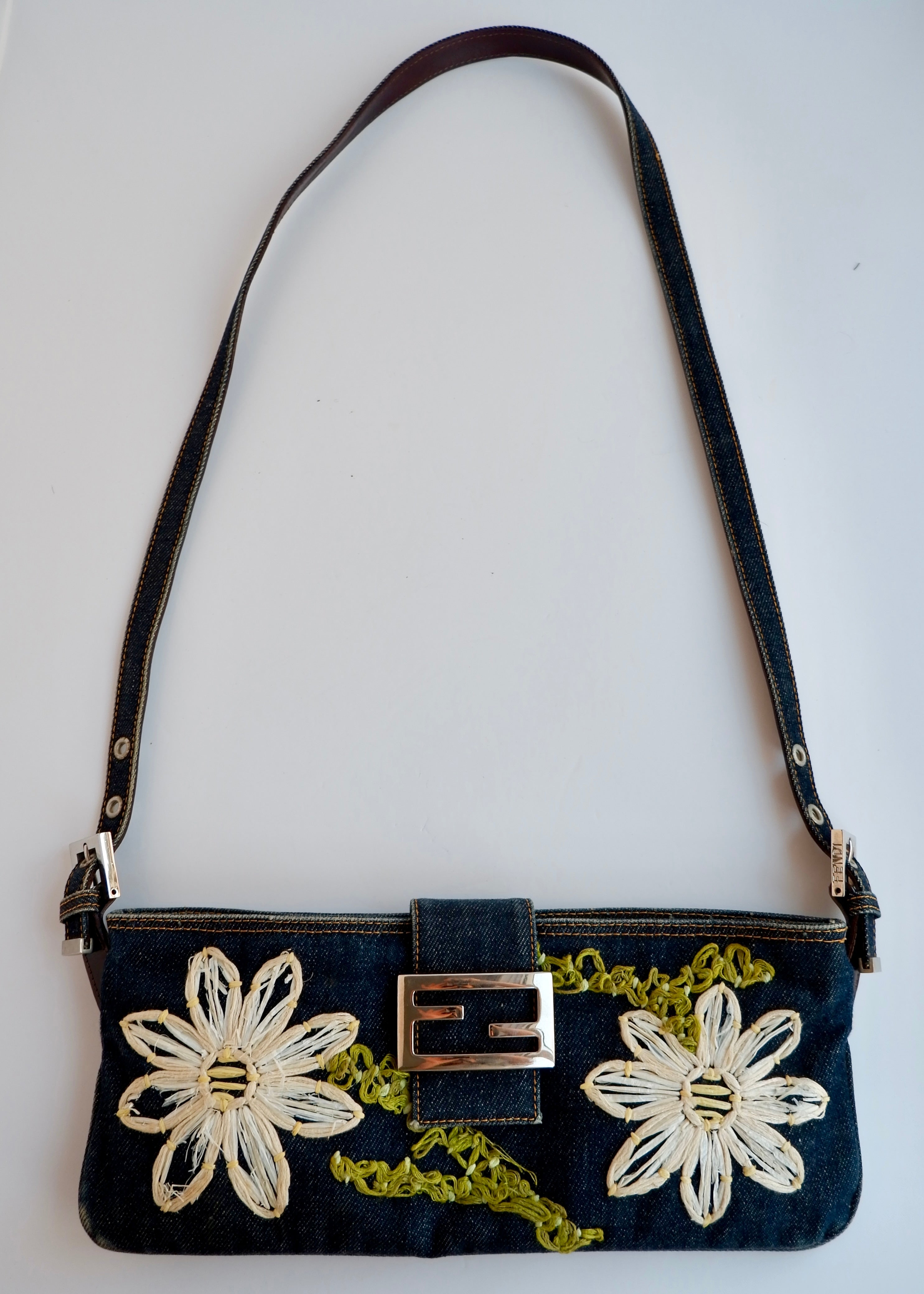Authentic Preowned Fendi Mamma Denim Flower Emroidered Shoulder Bag