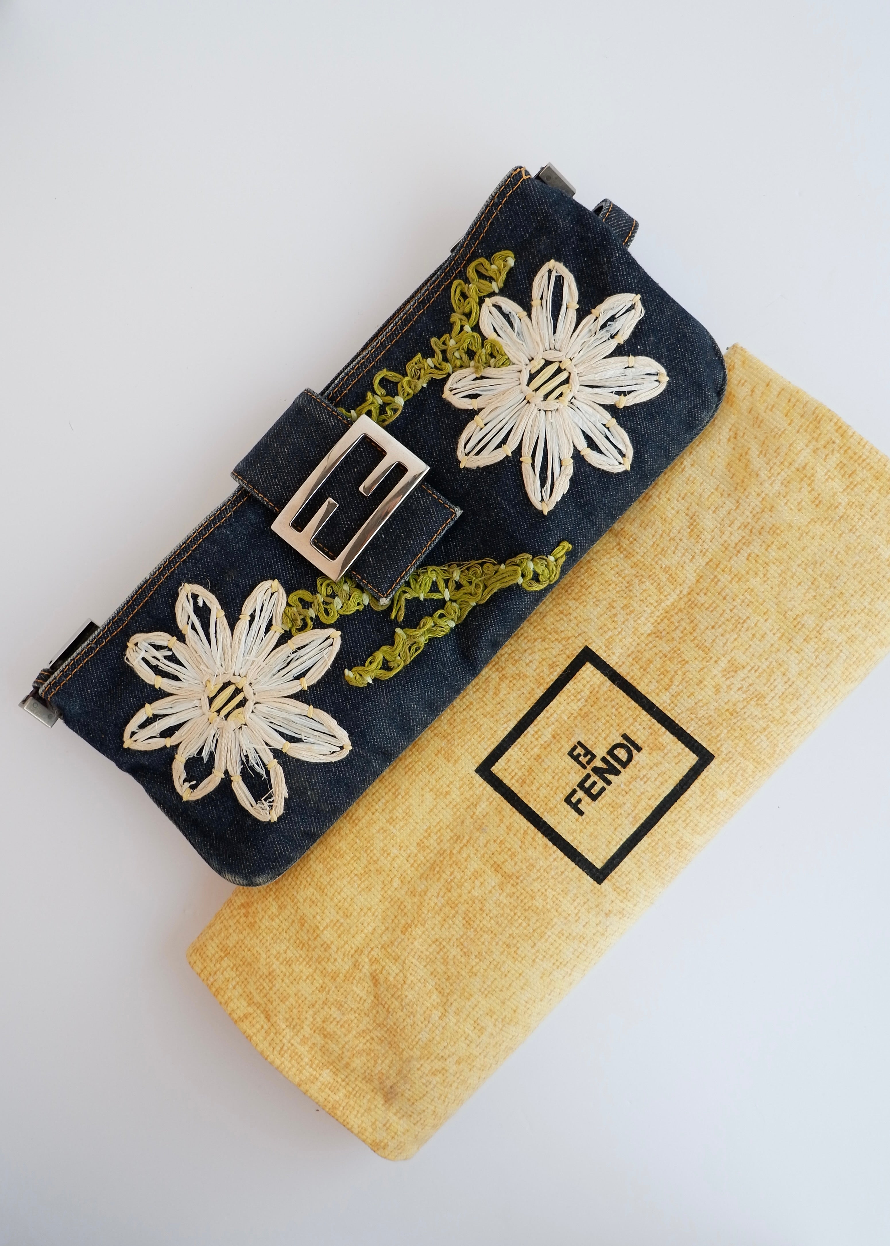 Authentic Preowned Fendi Mamma Denim Flower Emroidered Shoulder Bag