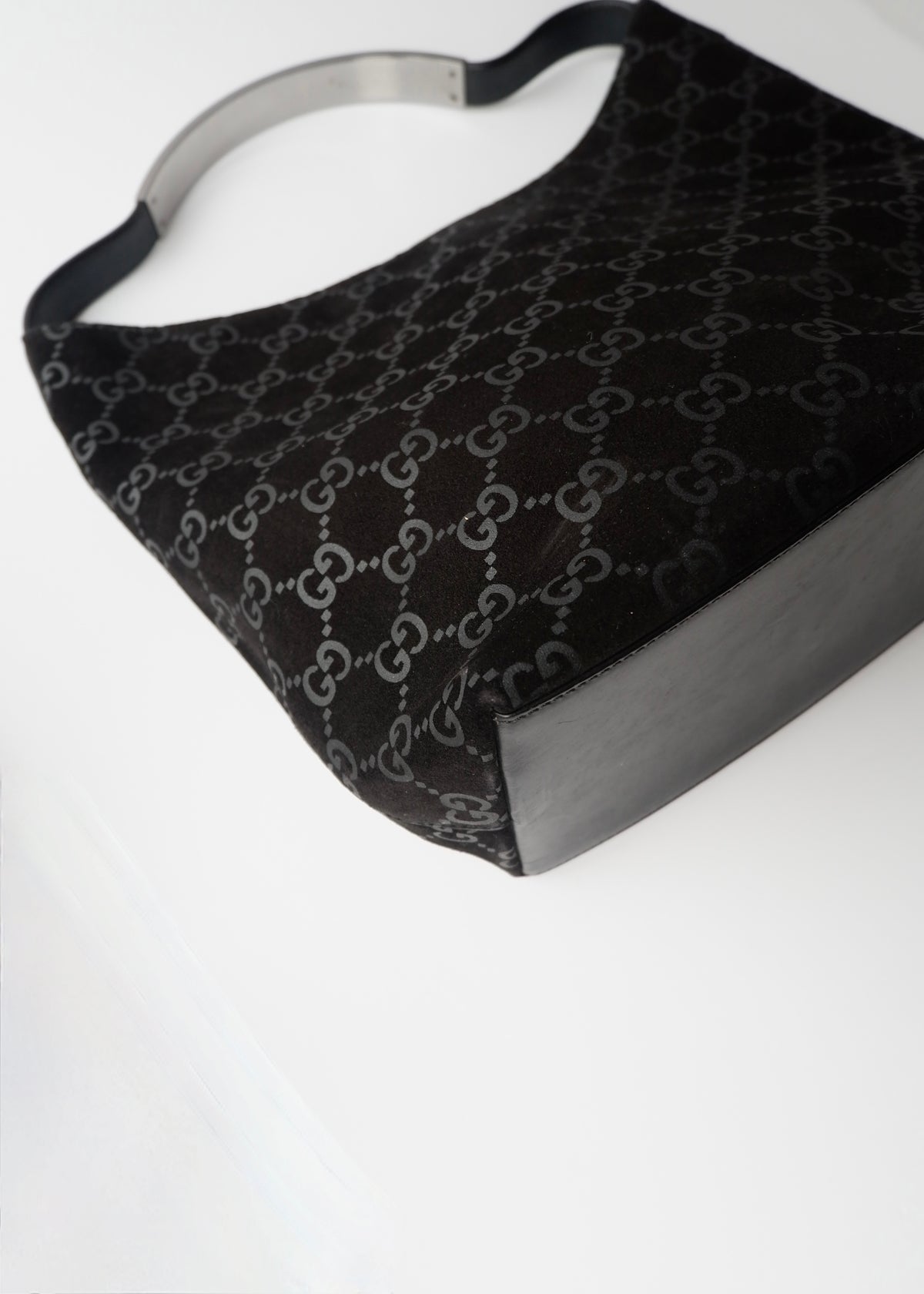 Preowned Gucci Black Suede GG Shoulder Bag